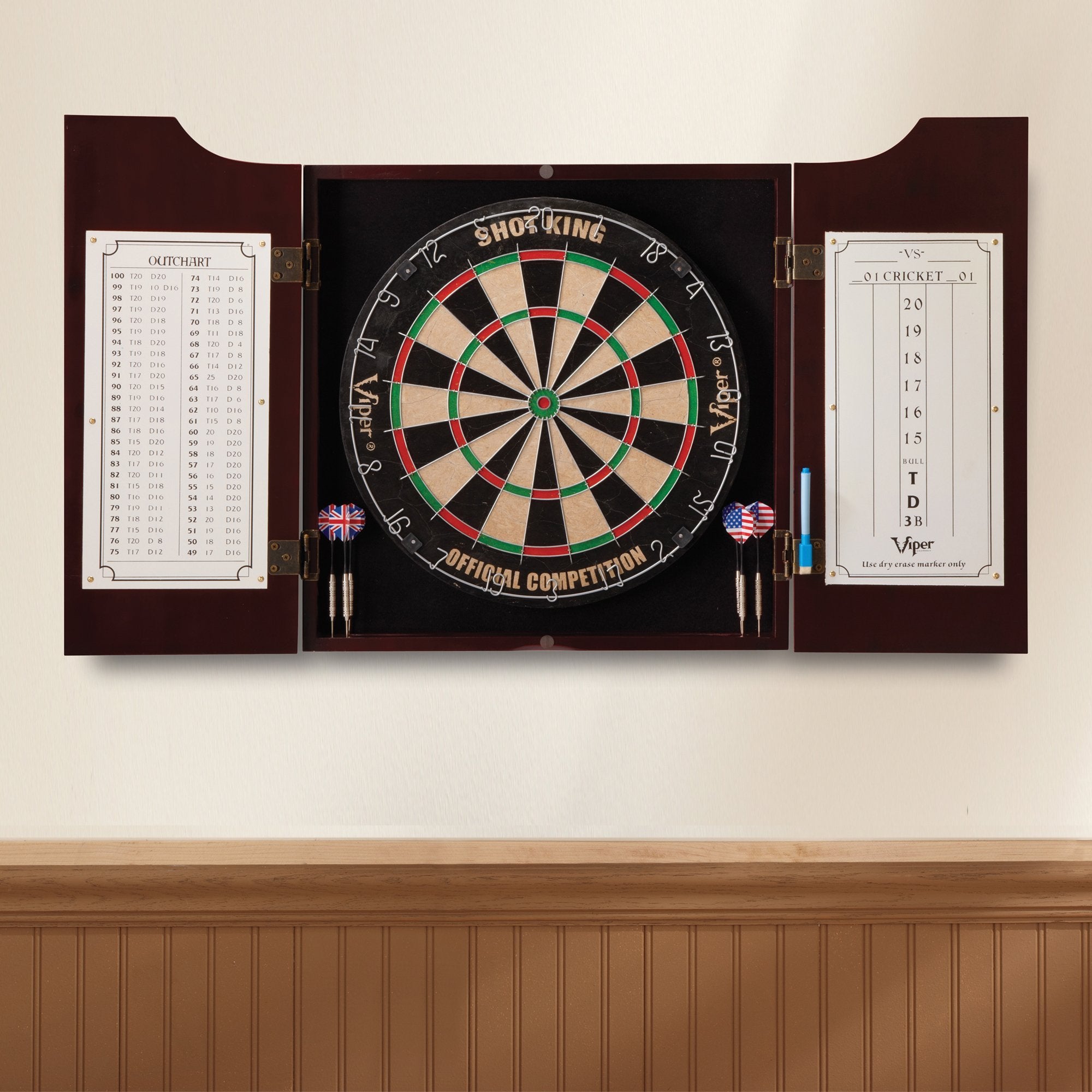 Viper By Gld Products Hudson All-In-One Dart Center: Classic Solid Wood Cabinet & Official Sisal/Bristle Dartboard Bundle: Stand