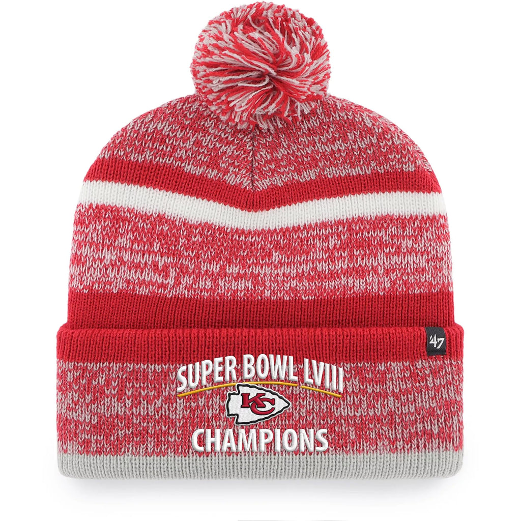 47 Kansas City Chiefs Super Bowl Lviii Champions Northward Beanie Hat With Pom - Nfl Kc Cuffed Winter Knit Cap Red