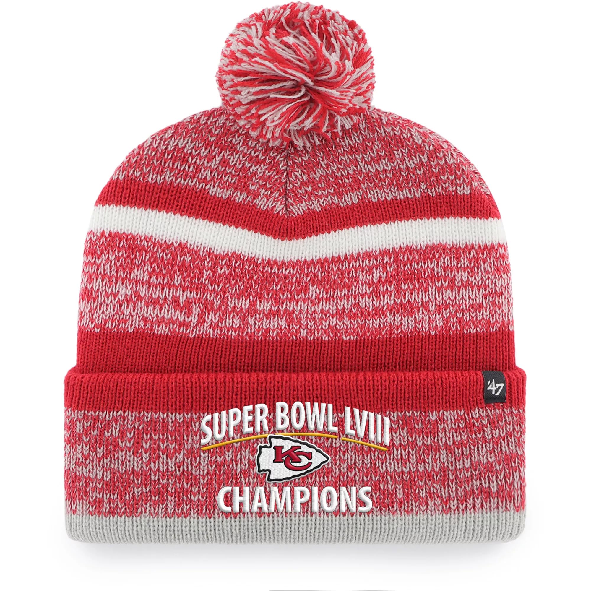47 Kansas City Chiefs Super Bowl Lviii Champions Northward Beanie Hat With Pom - Nfl Kc Cuffed Winter Knit Cap Red