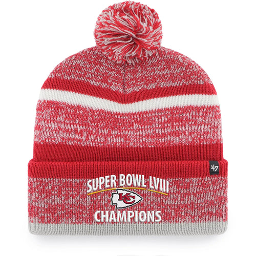 47 Kansas City Chiefs Super Bowl Lviii Champions Northward Beanie Hat With Pom - Nfl Kc Cuffed Winter Knit Cap Red