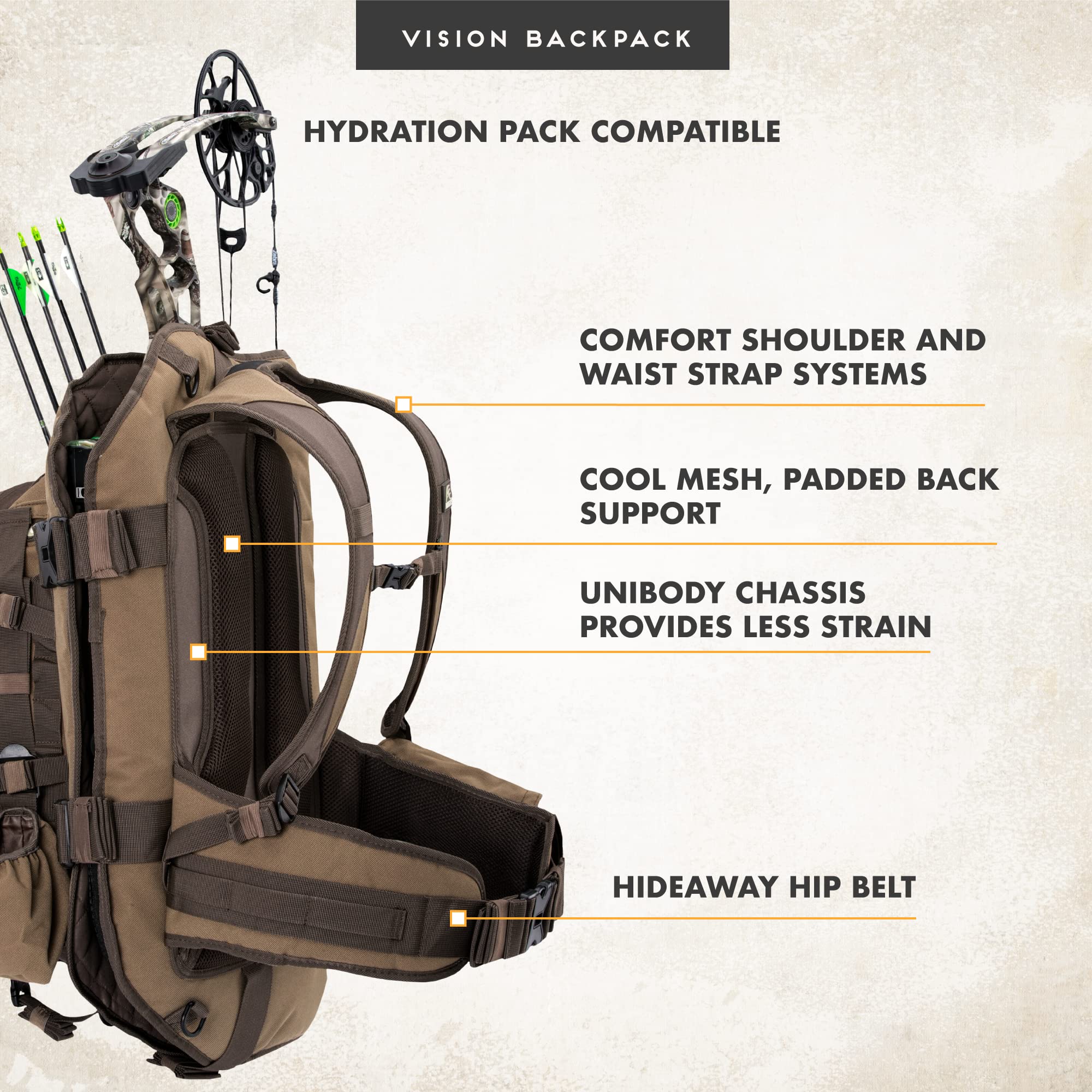 Insights Hunting By Frogg Toggs - The Vision Bow Pack, Camouflaged Backpack, Solid Elements Brown