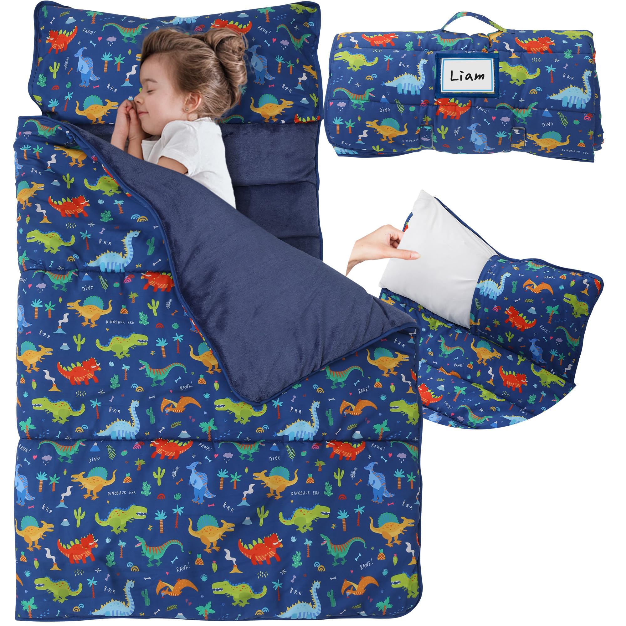 E1F1NN DOT Toddler Nap Mat with Detachable Pillow & Blanket - Soft Plush Minky Fleece Kids Sleeping Bag for Daycare, Preschool &