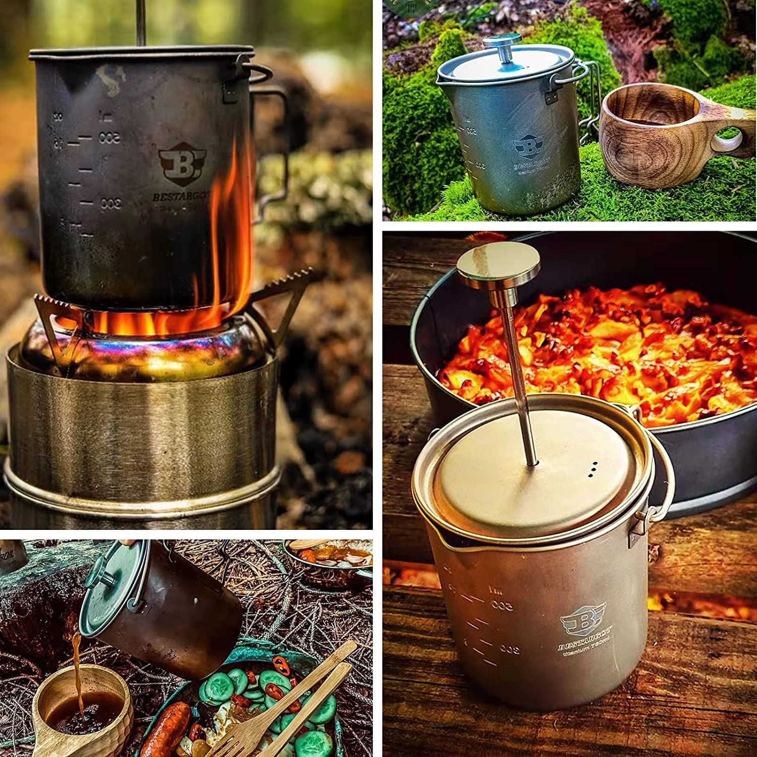 Bestargot Camping Titanium Pot, French Press Coffee Maker, Camp Cooking Pot With Light Wood Knob, 750Ml Camping Cup For Camping