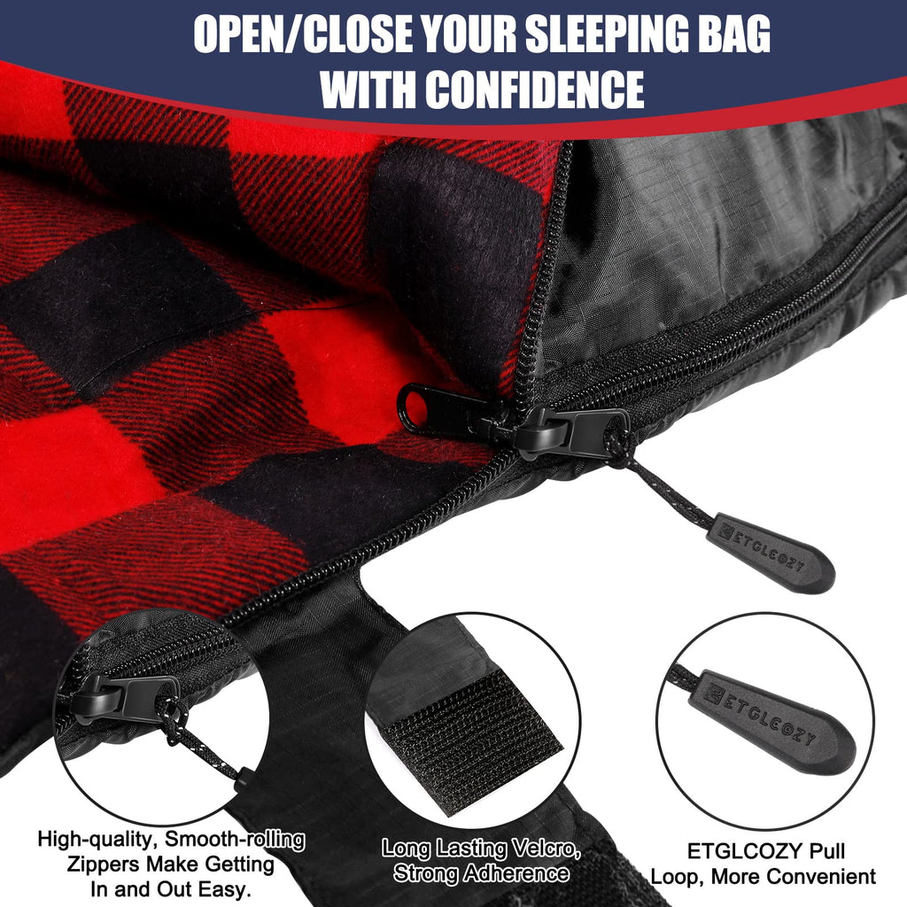 Double/Single Sleeping Bag For Adults Camping, Extra Wide 2 Person Waterproof Cotton Flannel Sleeping Bag For 3-Season Warm & Co