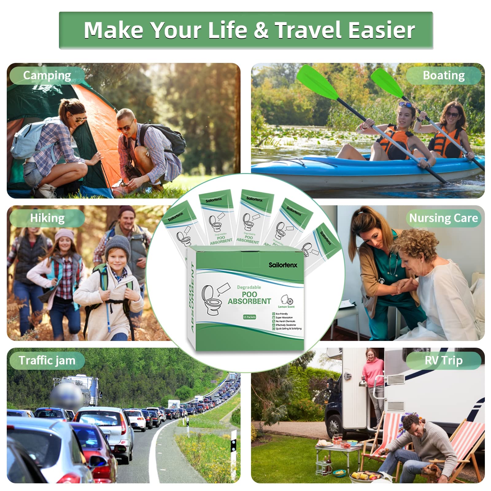 30 Pack Poo Absorbent For Portable Toilet, Camping Toilet Chemicals, Eco Degradable Absorbent Gel Liquid Waste Gelling And Deodo