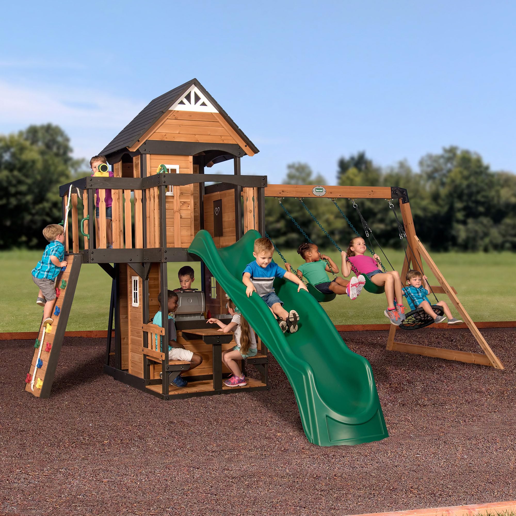 Backyard Discovery Canyon Creek Cedar Wood Swing Set with Wave Slide, Clubhouse, Play Kitchen, Picnic Area, Belt Swings, Web Swi