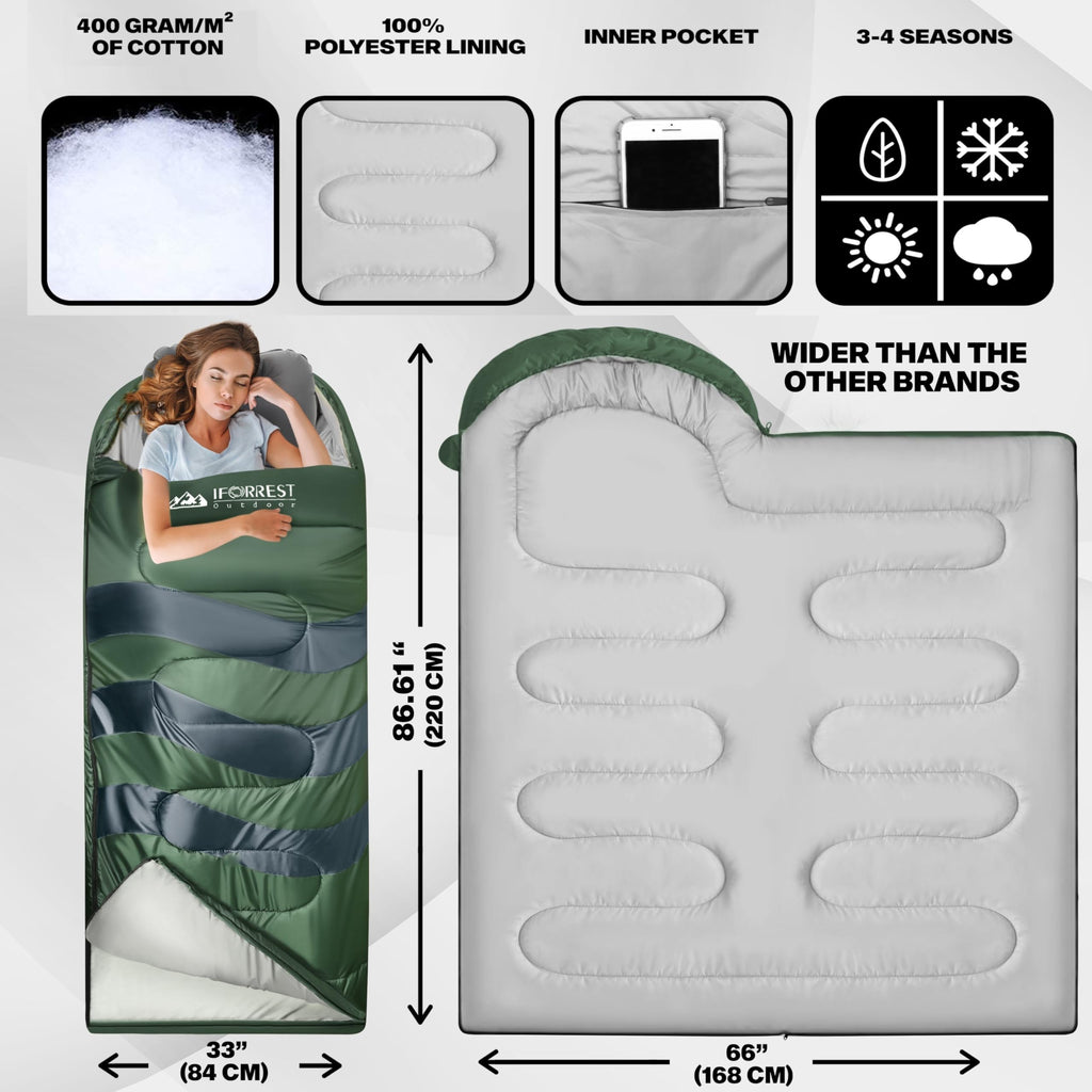 Iforrest Sleeping Bag For Adults - Cold Weather Camping Bed (All Seasons) - Extra-Wide & Warm, Best Waterproof Backpacking Gear