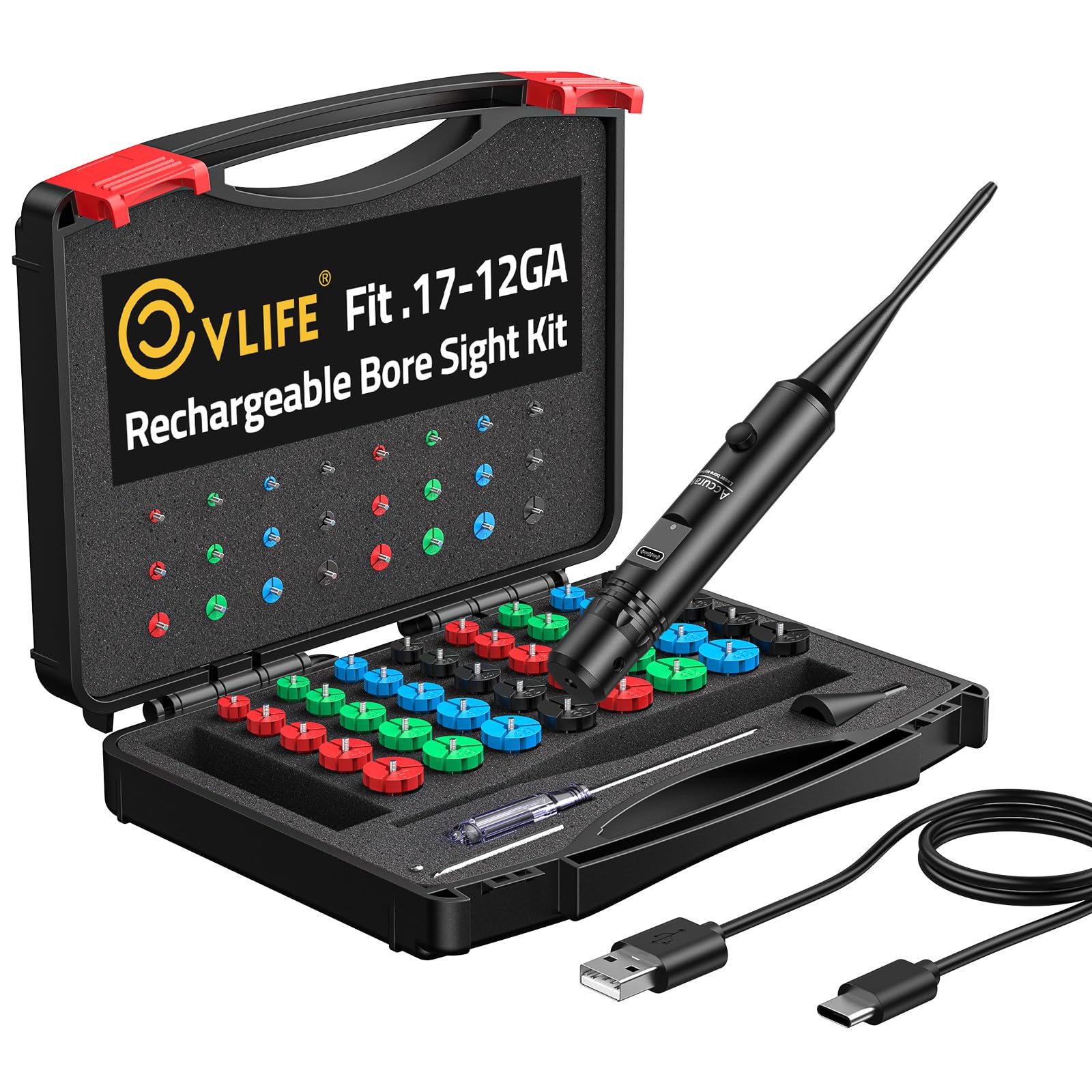 CVLIFE Rechargeable Bore Sight Laser Kit with 64 Adapters fit 0.17 to 12GA Calibers, Professional Green Laser Bore Sight with Bu