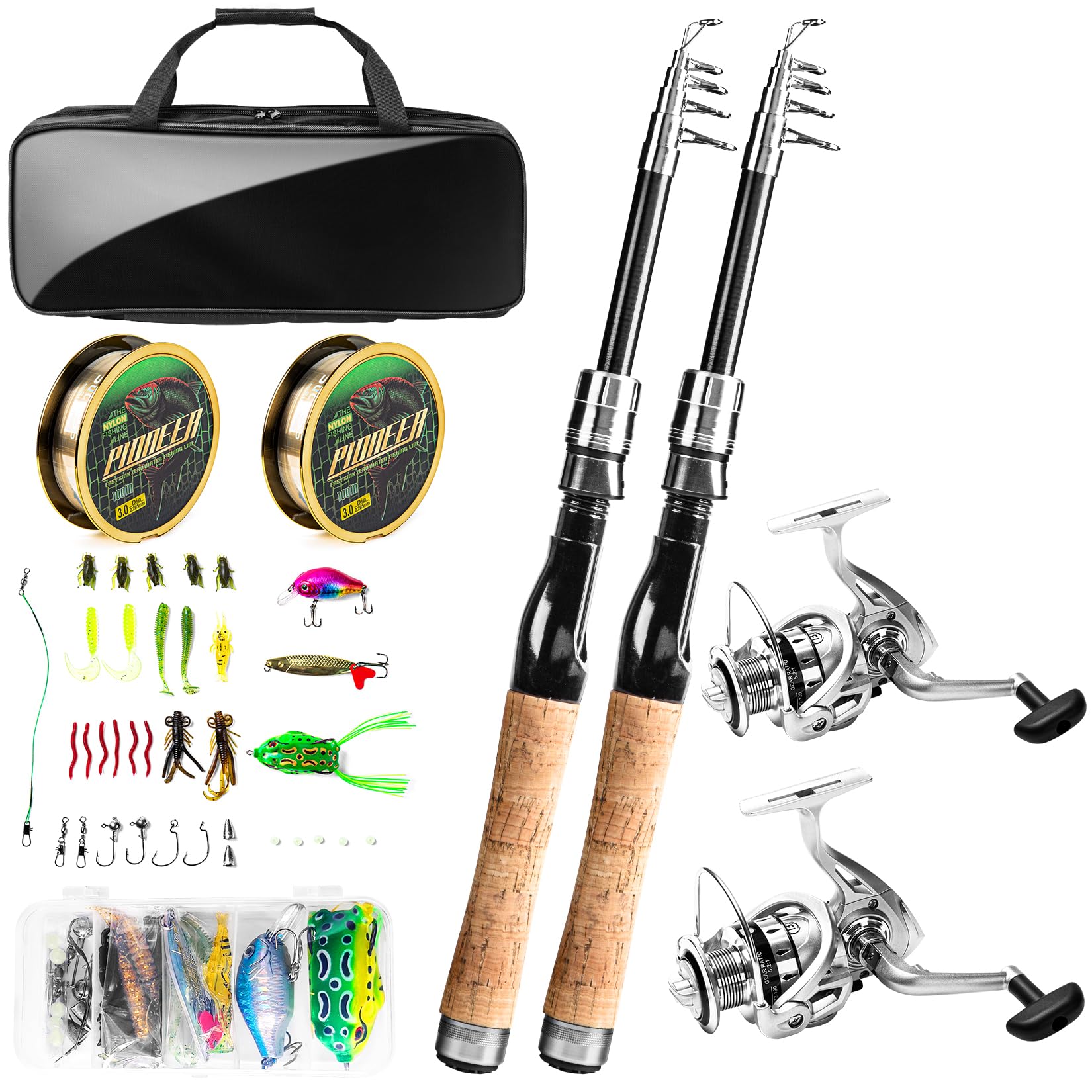 Fishing Pole And Reel Combo - 2Pcs 5.9Ft Carbon Fiber Telescopic Rods Spinning Reels Saltwater/Freshwater Kit With Lures, Line A