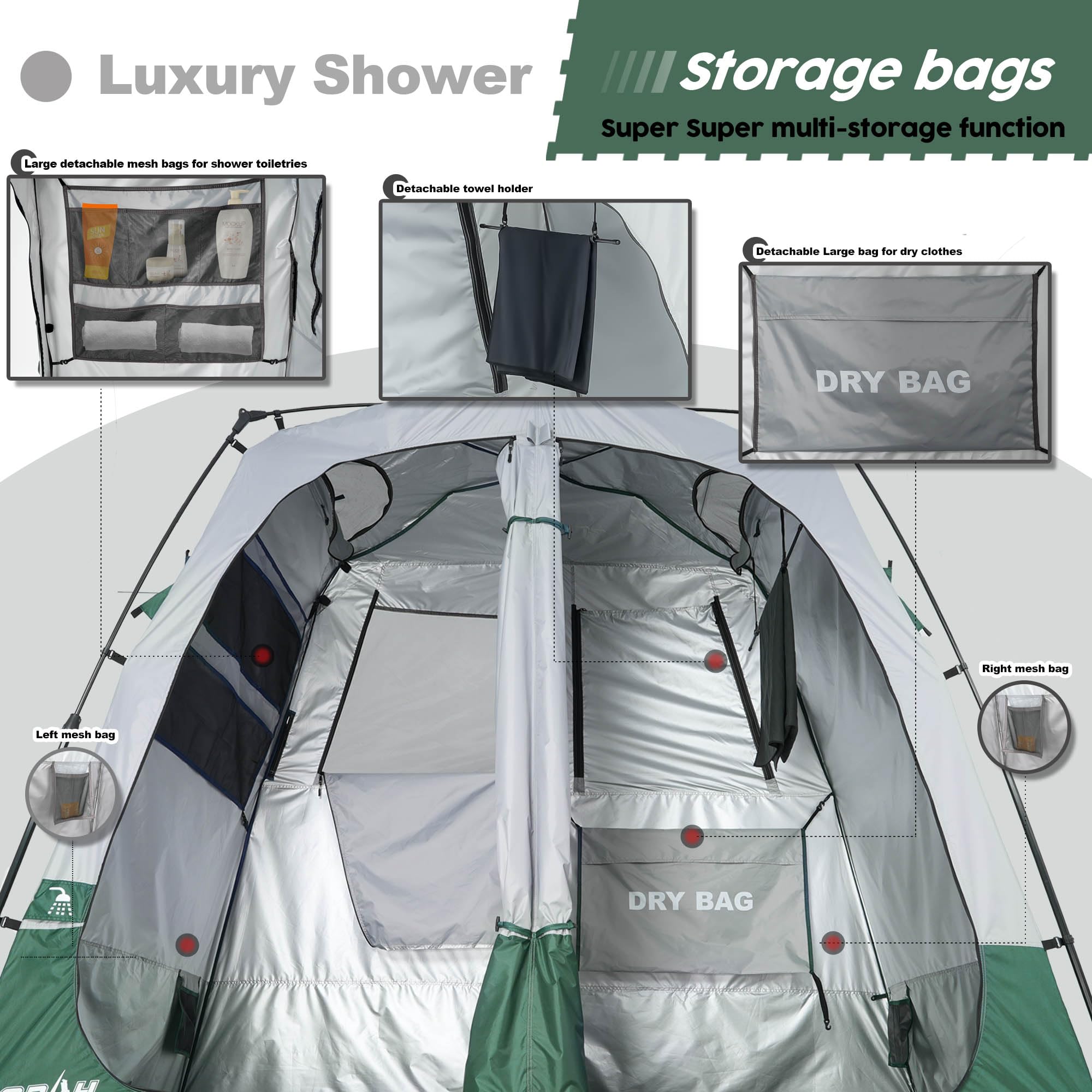 Portable Camping Shower Tent Deluxe Changing Room Easy Set Up Privacy Shelter,Large Toilet Tent 2 Rooms With Floor Drain Design