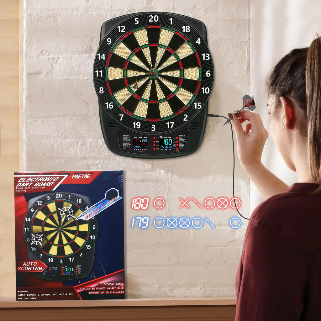 Electronic Dart Board, Soft Tip Dartboard Set 40 Games, 427 Variants Digital Electric Dart Boards With Colorful Led, 6 Darts, 10