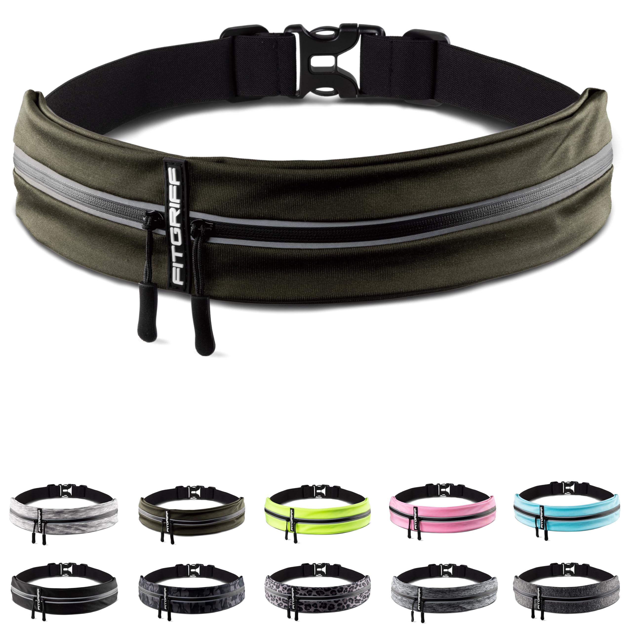 Fitgriff Running Belt For Men & Women - Secure Jogging Pouch For Phone, Keys & Essentials - For All Cell Phones (Army Green, 33.