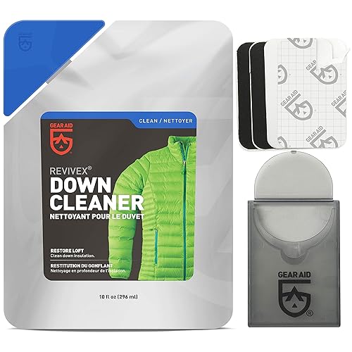 Gear Aid Revivex Down Care Kit For Jackets And Sleeping Bags, With Down Cleaner And Repair Patches, Clear, 10 Oz Cleaner, 15 X 2