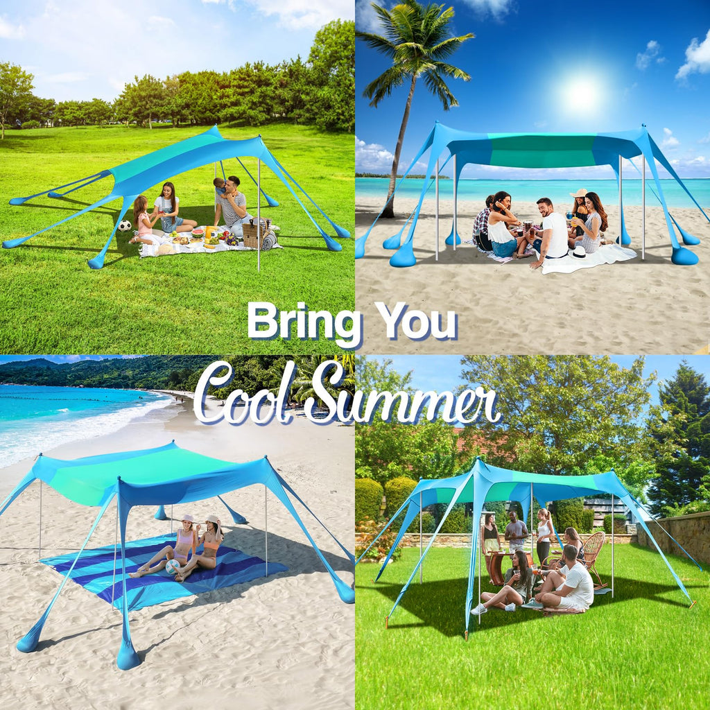 Rhino Valley Beach Tent, 10 X 10 Ft Beach Shade Upf50+ Protection, Beachcanopy With 8 Sandbags 4 Stability Poles, Outdoor Beacht