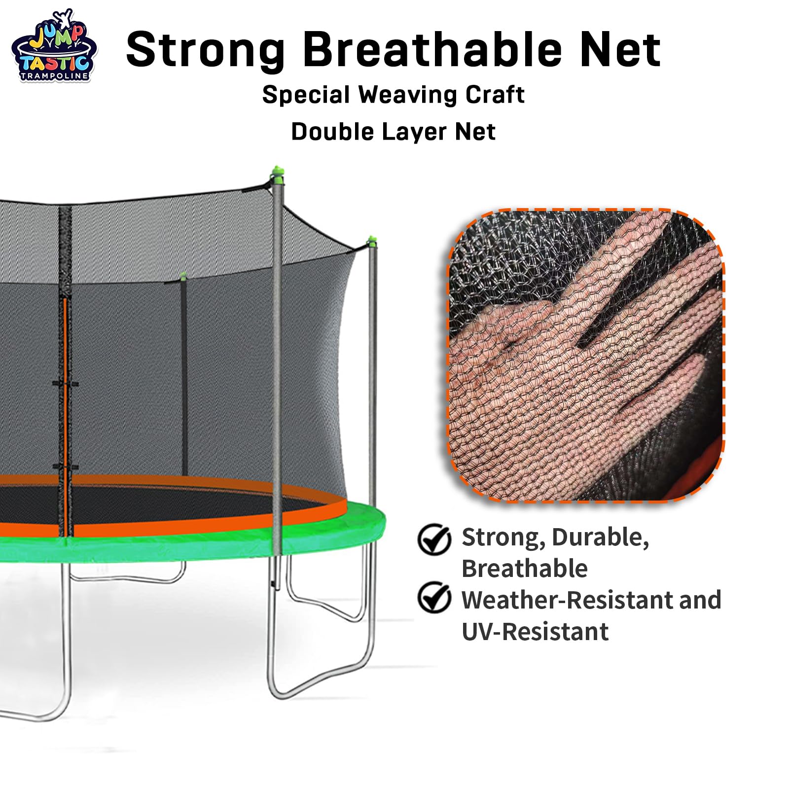 14Ft Trampoline Net Replacement With 6 Enclosure Pole Caps, Trampoline Replacement Enclosure Net Round Safty Uv-Resistant Weathe