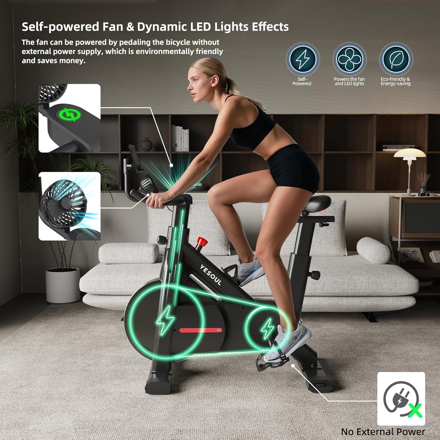 YESOUL Self-Powered Exercise Bike for Home Gym, Magnetic Resistance Indoor Cycling Bike with Cooling Fan, LED Light Feedback, Ap