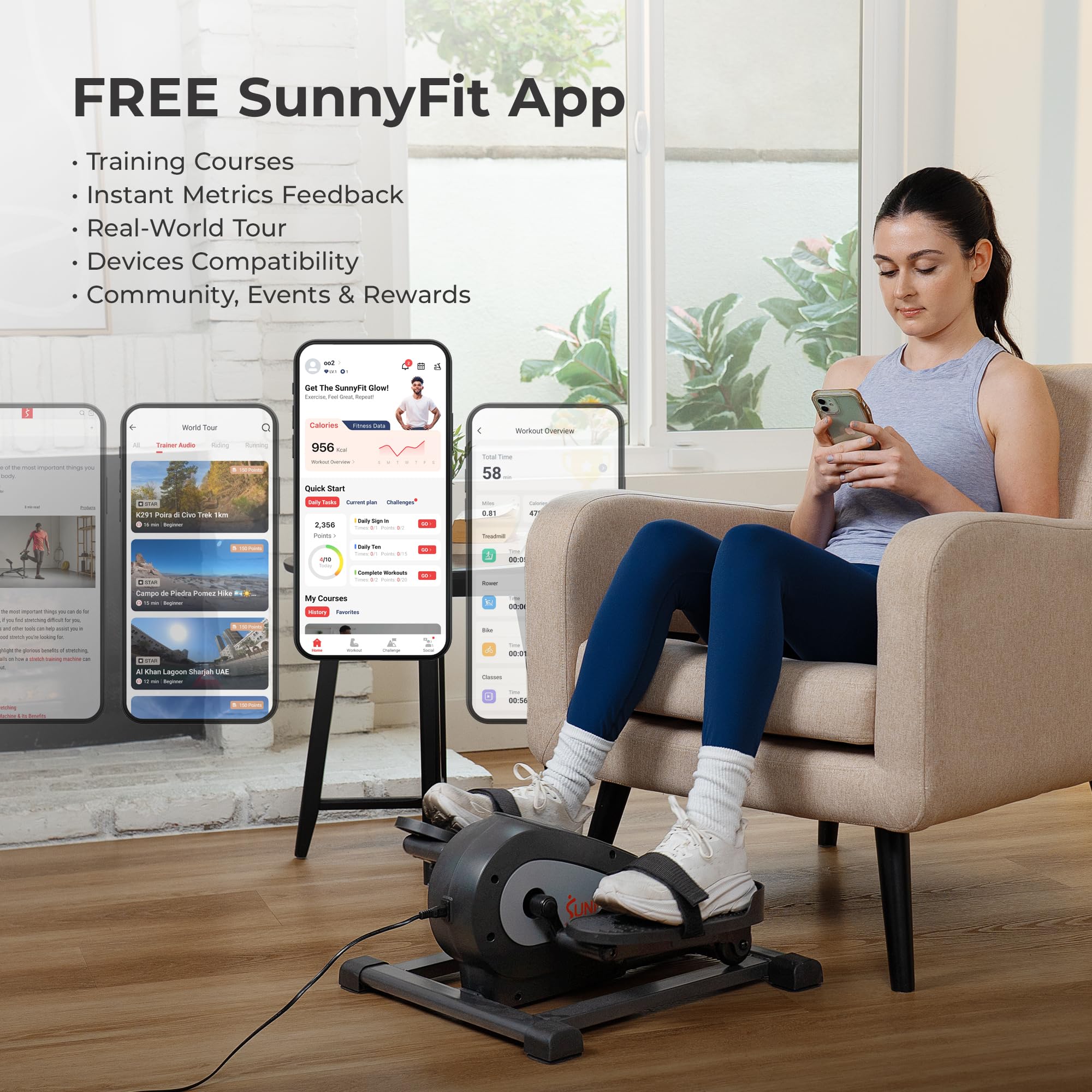 Sunny Health & Fitness Smart Motorized Mini Elliptical Trainer W/Remote Control, Indoor Under-Desk Pedal Exerciser For Seniors M