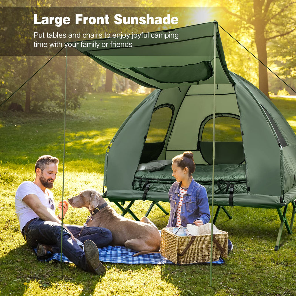 Dortala 2-Person Tent Cot, Foldable Camping Tent W/Air Mattress & Sleeping Bag, Elevated Camping Tent W/Waterproof & Uv-Resistan