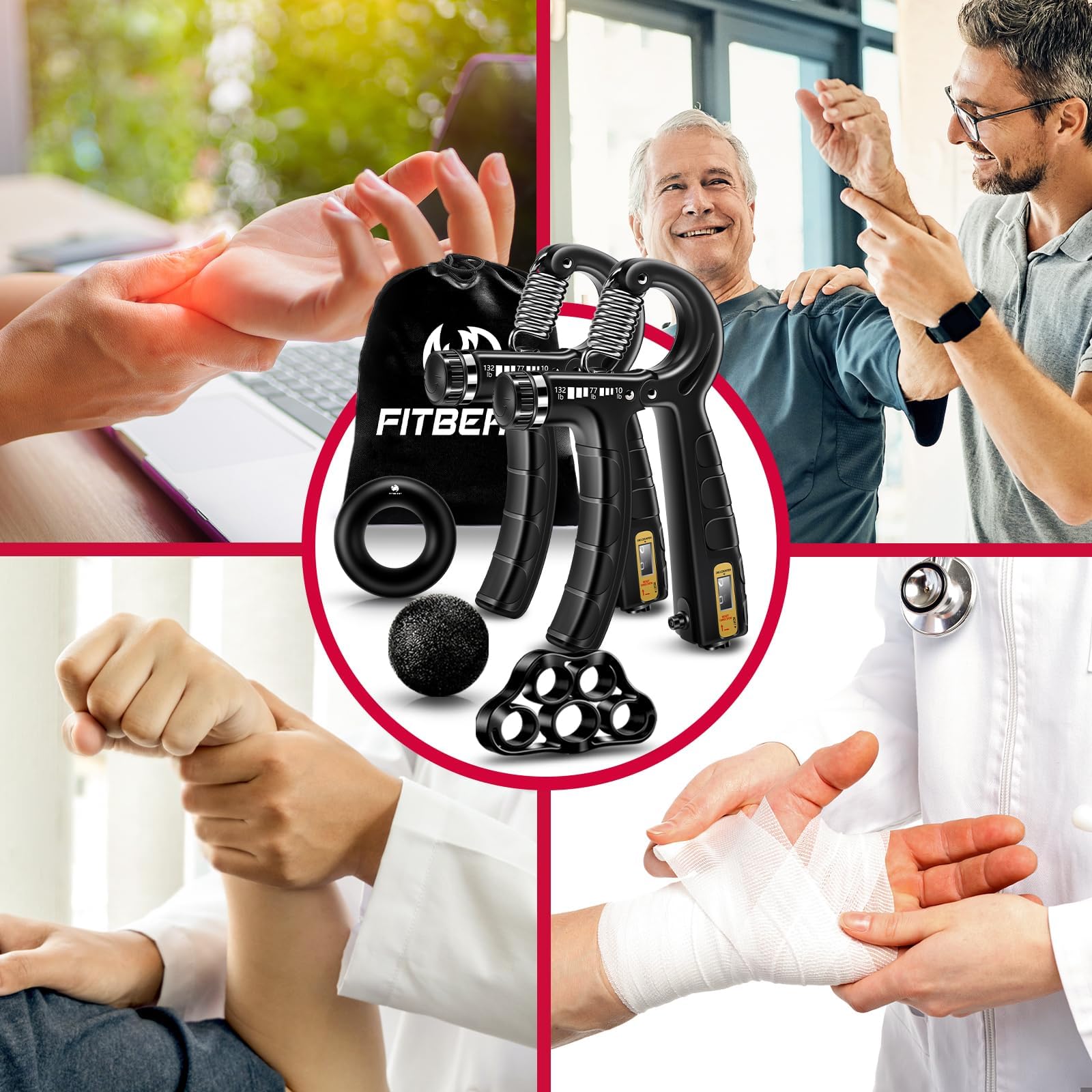 Fitbeast Hand Grip Strengthener Workout Kit (5 Pack), 2 Forearm Grip Adjustable Resistance Hand Gripper, Finger Stretcher, Grip