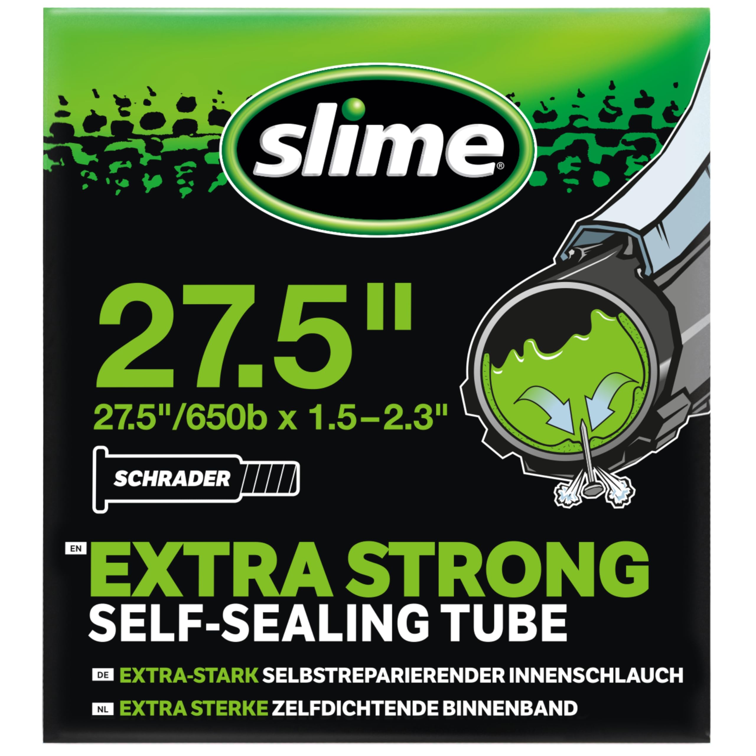 Slime 30077 Bike Inner Tube with Slime Puncture Sealant, Self Sealing, Prevent and Repair, Schrader Valve, 50/60-584mm (27.5 (65