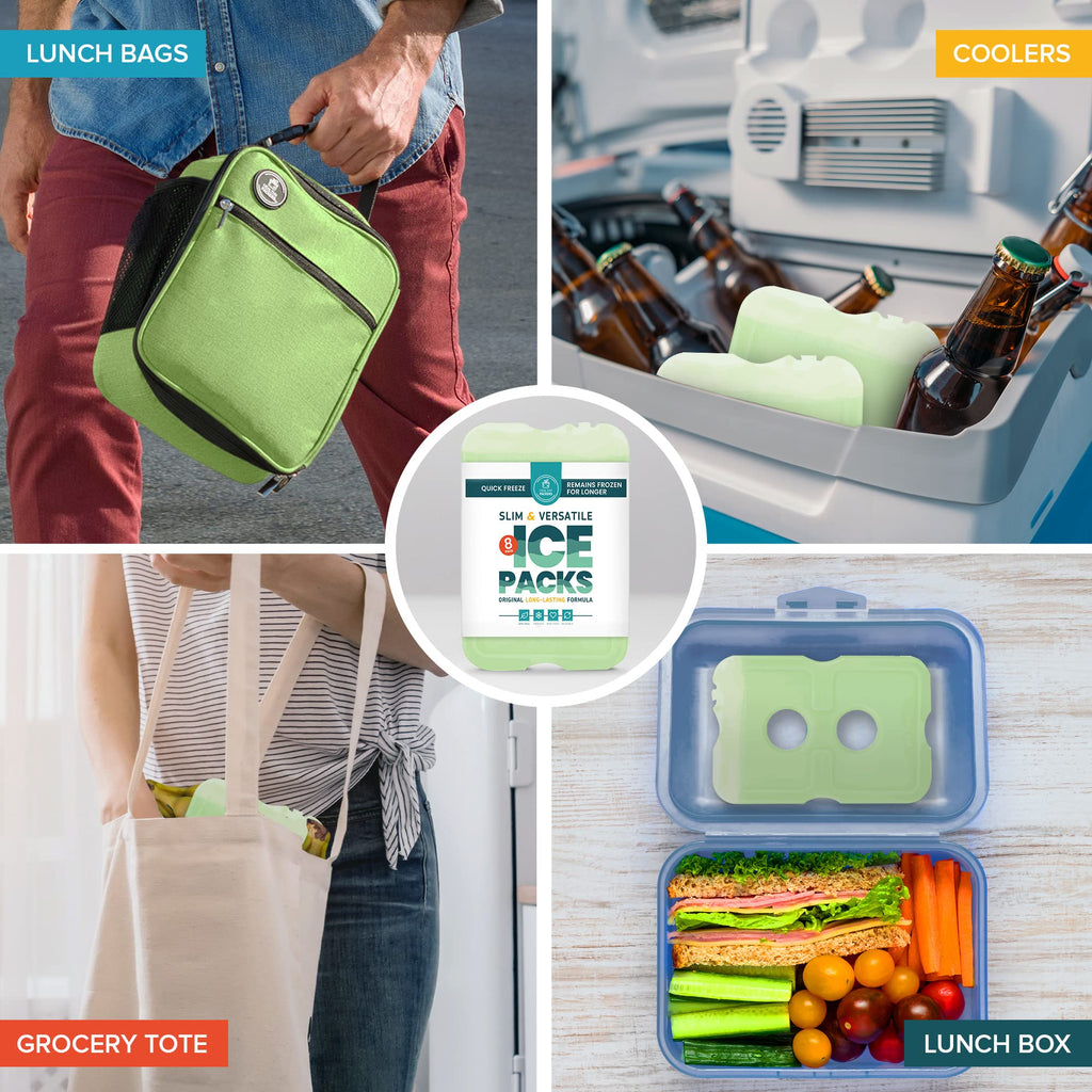 Healthy Packers Cool Pack, Slim Long-Lasting Ice Packs - Green Gel Ice Pack Great For Coolers Or Lunch Box (8-Pack)