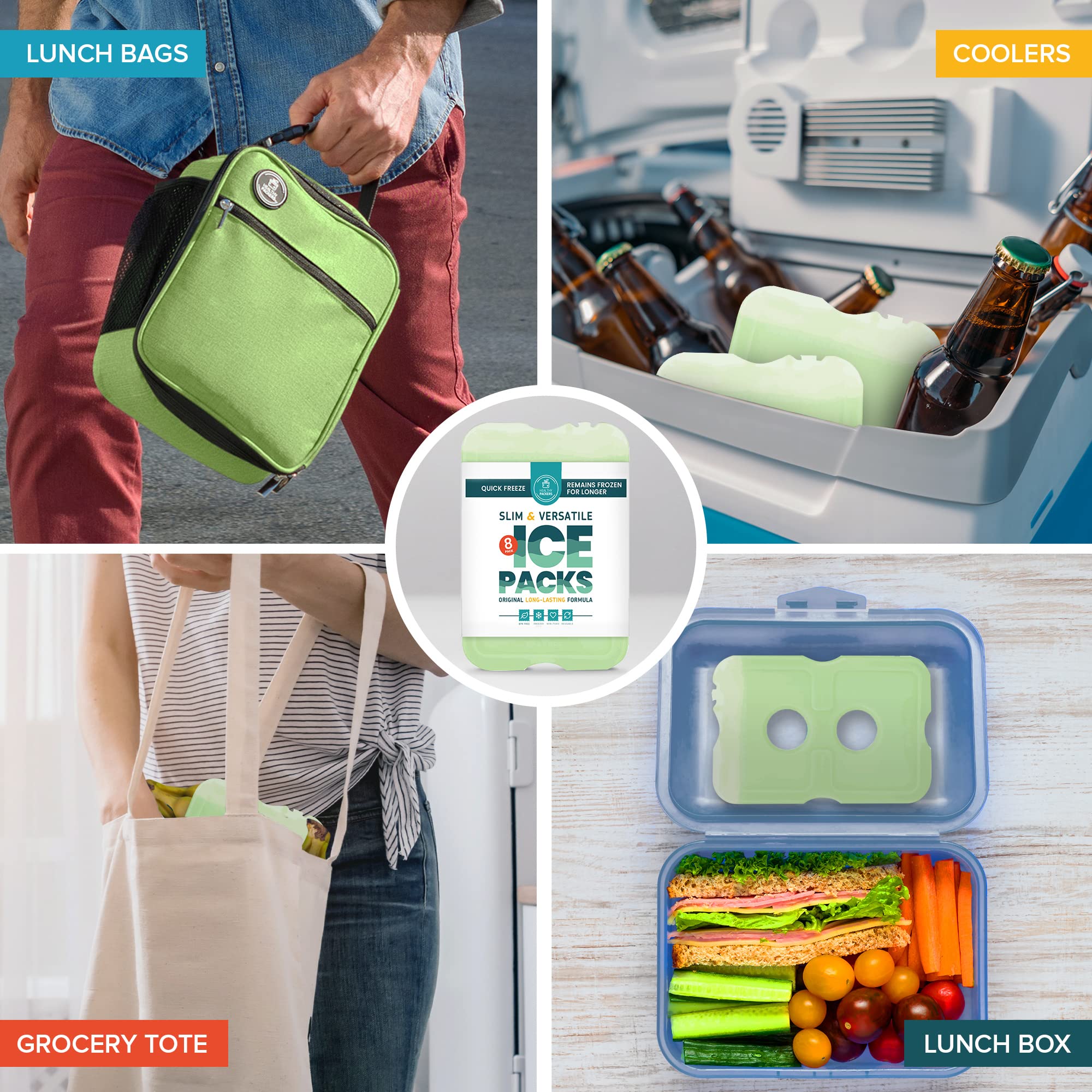 Healthy Packers Cool Pack, Slim Long-Lasting Ice Packs - Green Gel Ice Pack Great For Coolers Or Lunch Box (8-Pack)