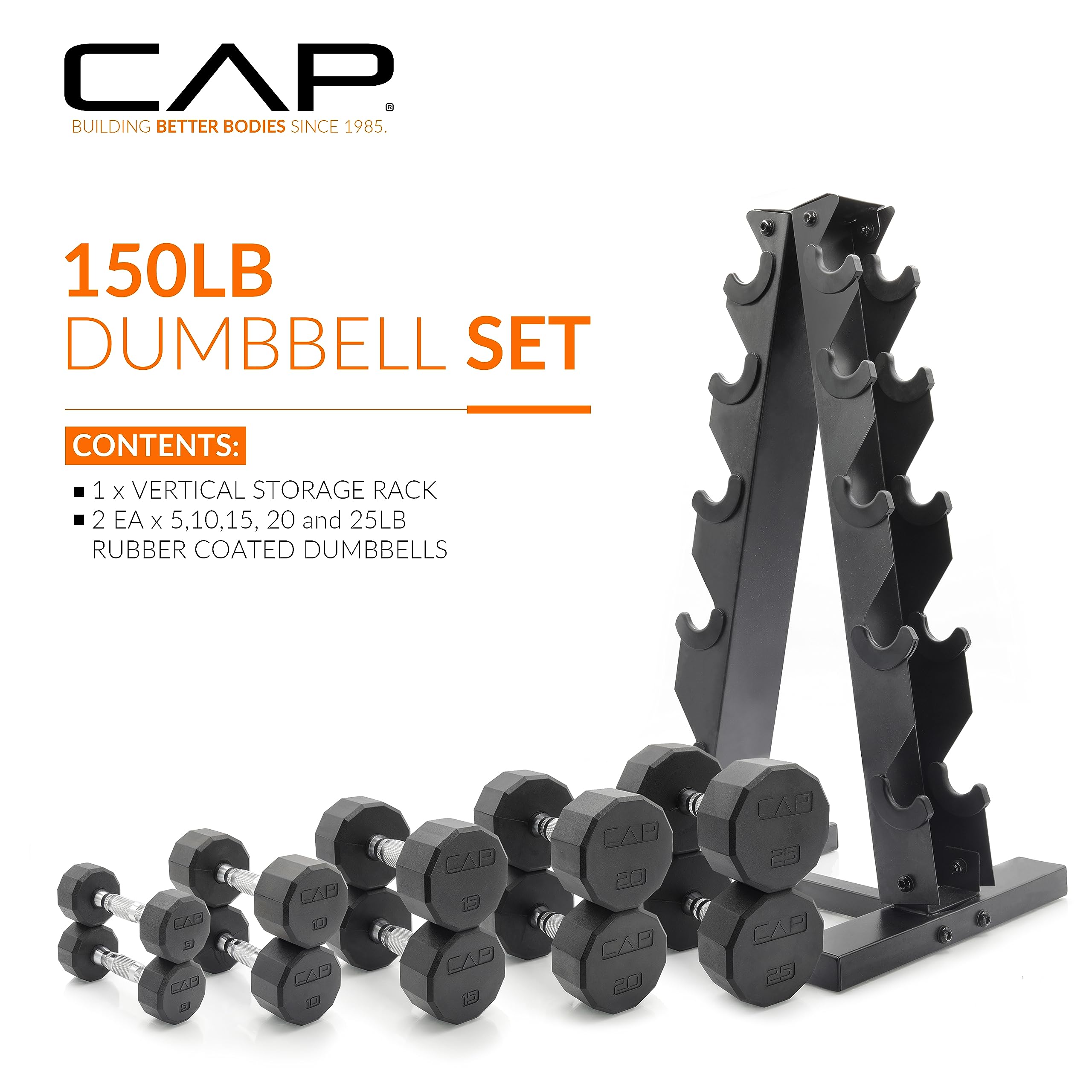 CAP Barbell 150 LB Chrome Handle Coated 12-Sided Dumbbell Set with Vertical White Rack