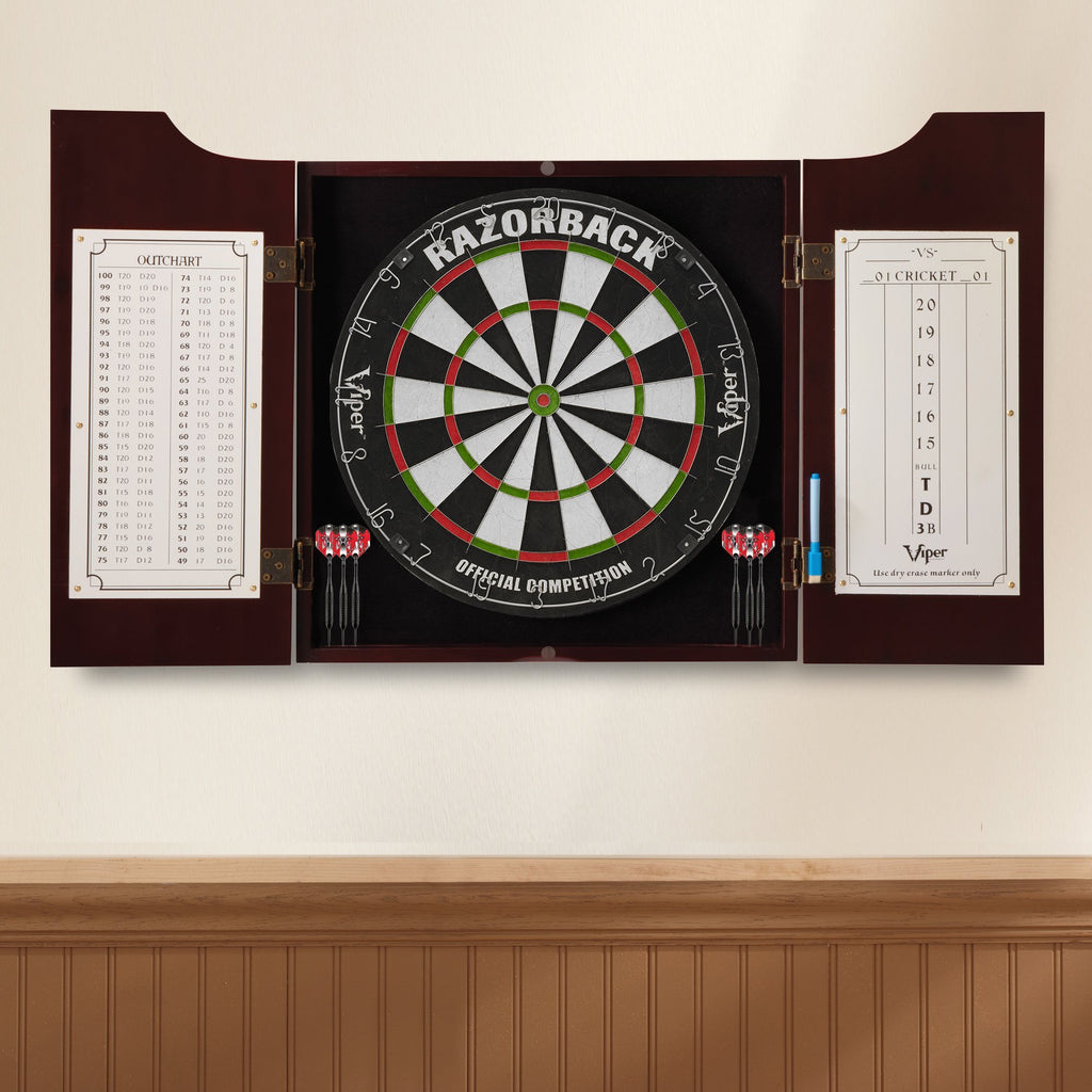 Viper By Gld Products Hudson All-In-One Dart Center: Classic Solid Wood Cabinet & Official Sisal/Bristle Dartboard Bundle: Premi