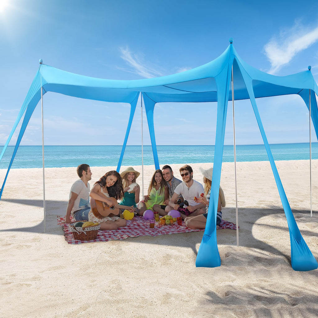 Beach Tent Sun Shelter, Beach Shade Canopy Upf50+, 10X10Ft Canopy Tent With 8 Sandbags, Sand Shovels, Ground Pegs & Stability Po