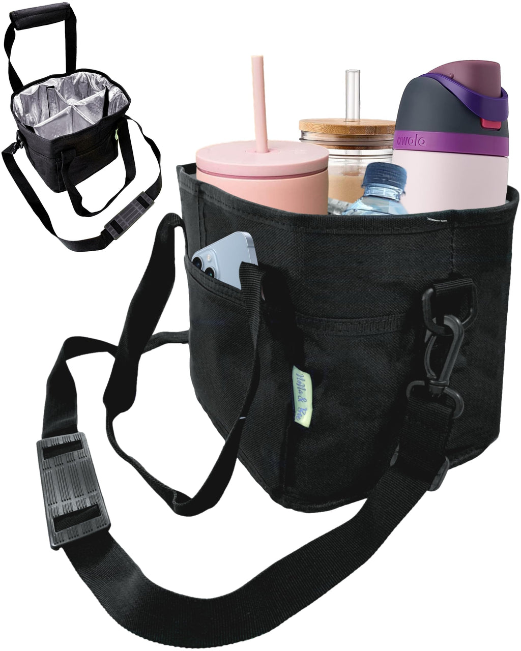 Nona & Bee 4 Water Bottle Holder With Strap | Family Size 4 Compartment Drink Bag, Multiple Tumbler Carrier Caddy | Adjustable F