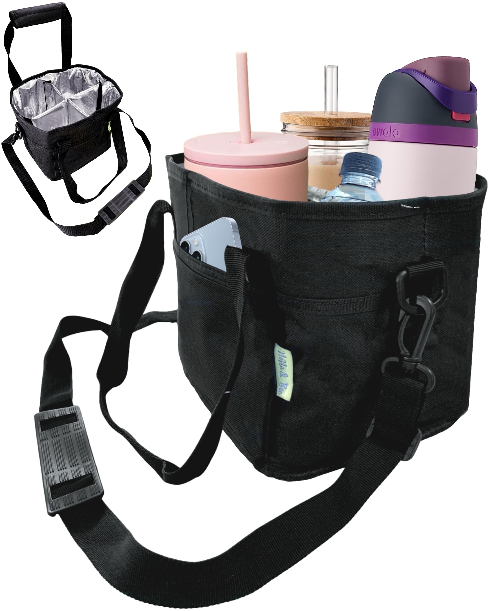 Nona & Bee 4 Water Bottle Holder With Strap | Family Size 4 Compartment Drink Bag, Multiple Tumbler Carrier Caddy | Adjustable F