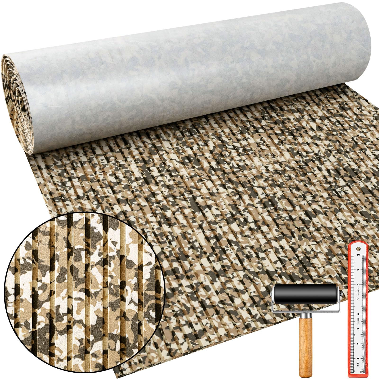 Tinideya Boat Flooring EVA Foam 118/94 x 47/35/24/16 Boat Decking Non Slip Marine Camo Self Adhesive Carpet with Roller Ruler fo