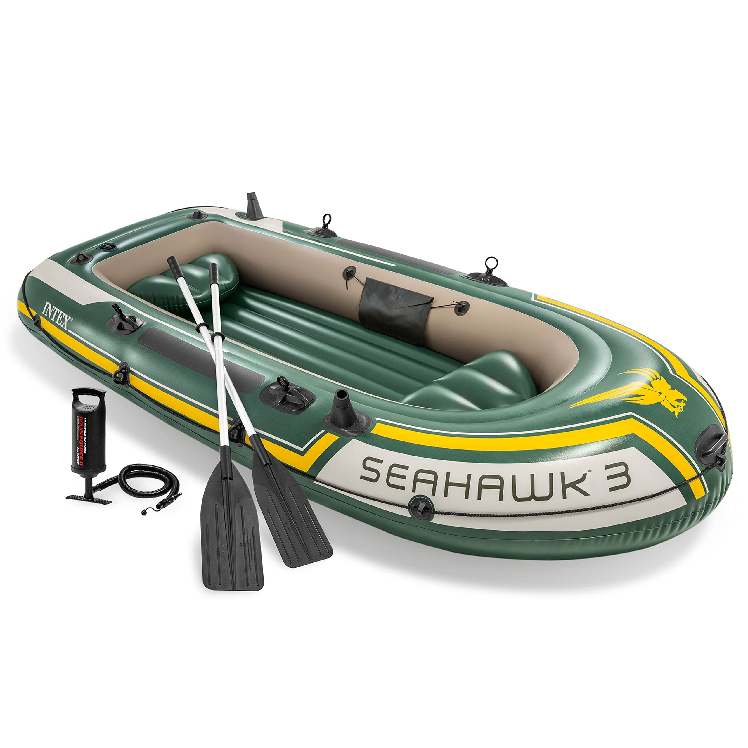 Intex Seahawk 3 Person Heavy Duty Inflatable Rafting and Fishing Boat Set with 2 Aluminum Oars, High Output Air Pump, and Carry 