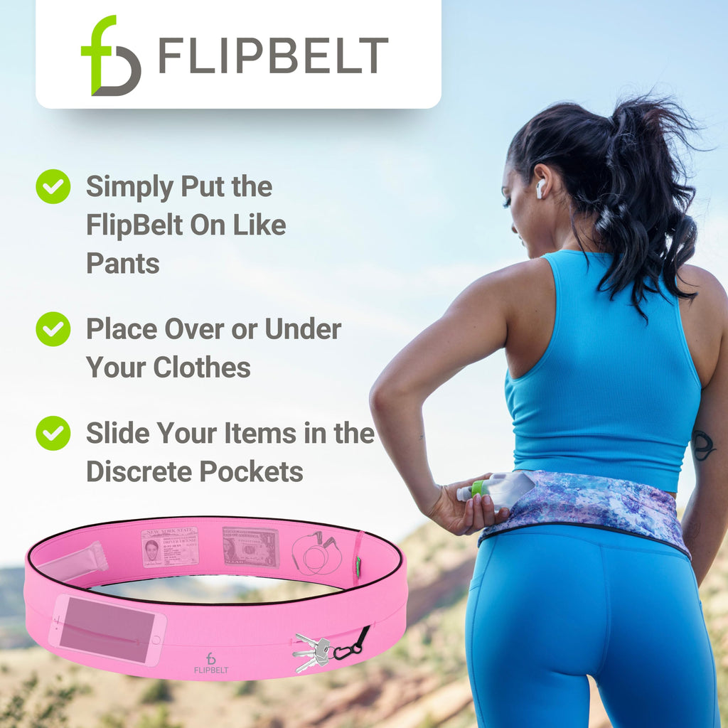 FlipBelt Classic Running Belt, Running Fanny Pack for Women and Men, USA Company - [Girly Pop Pink] - [Large]