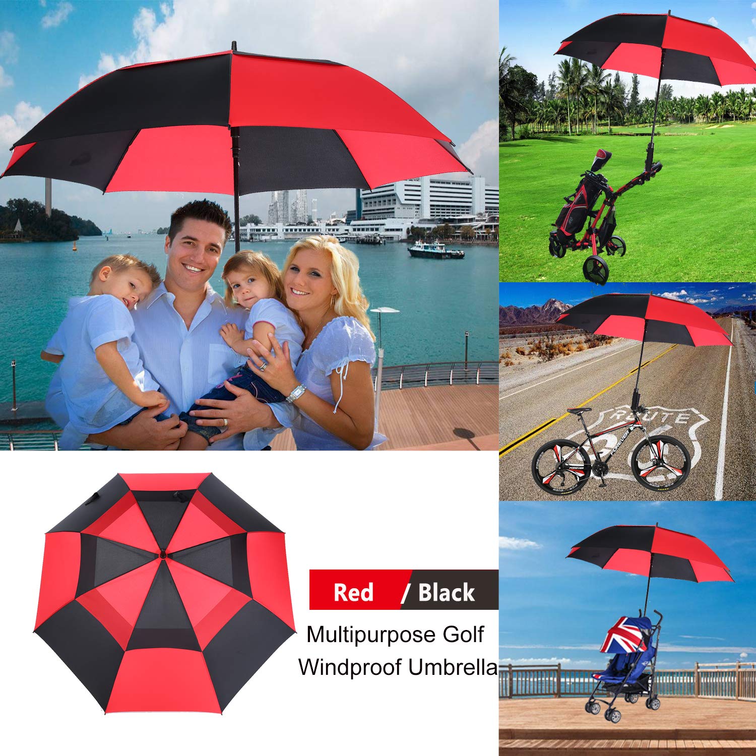 Mrtlloa 72 Inch Automatic Open Red/Black Golf Umbrella, Extra Large Oversize Double Canopy Vented Windproof Waterproof Stick Umb