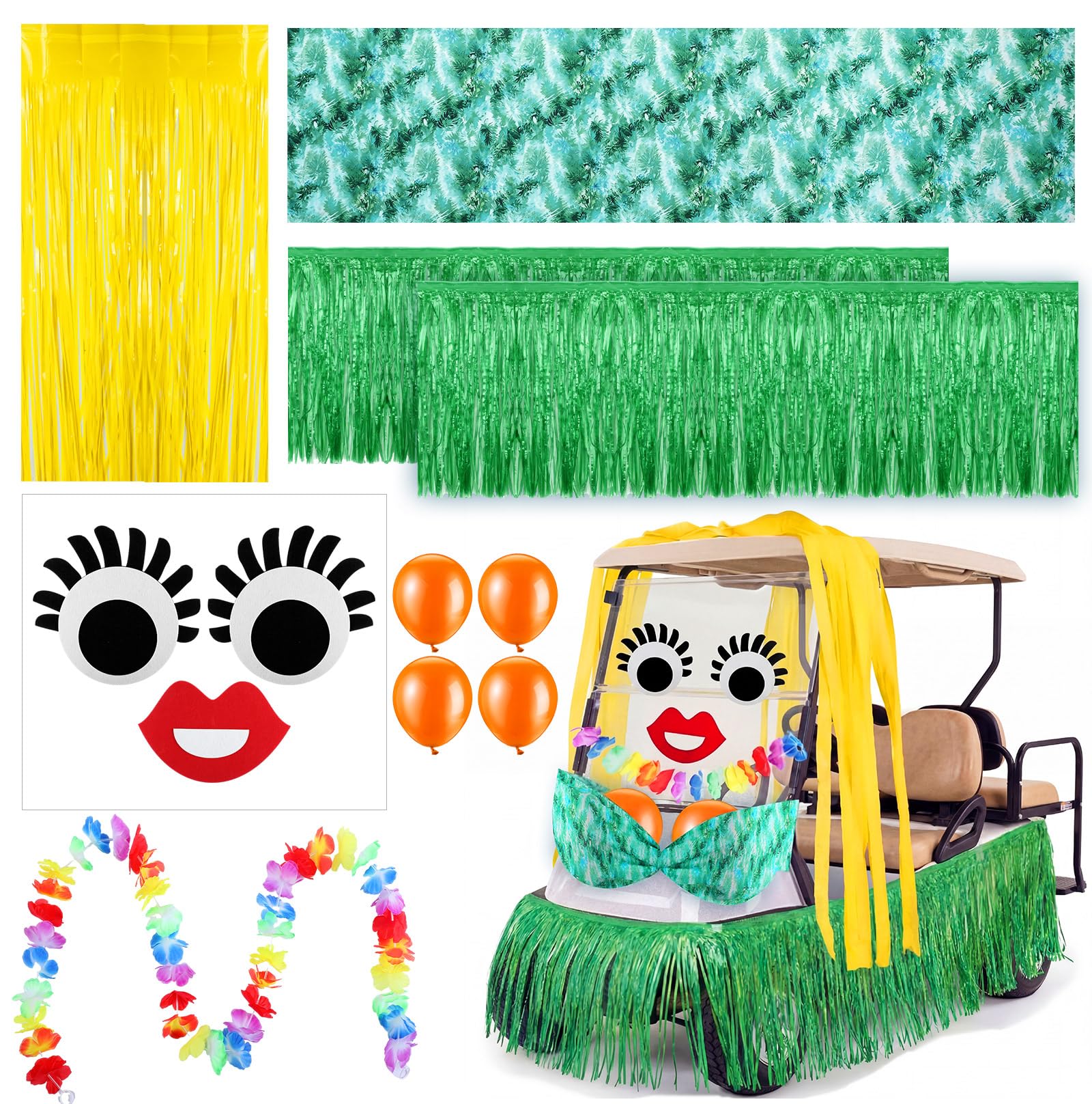 JolliLudo Golf Cart Parade Decoration Kit Hawaiian Golf Cart Decoration Summer Tropical Flower Lei Tassel Garland Grass Fringe B