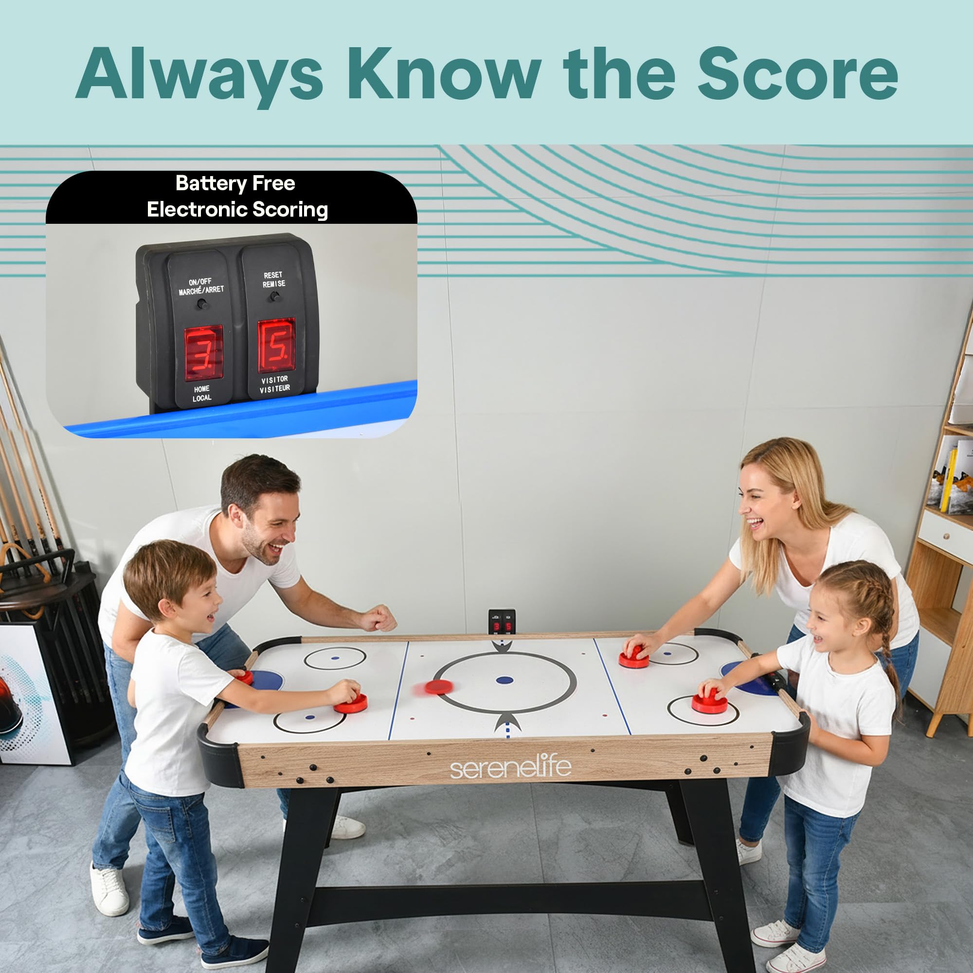 SereneLife 58 Air Hockey Game Table, w/ Built-in Score Tracker & Puck Dispenser, Digital LED Scoreboard & Accessories