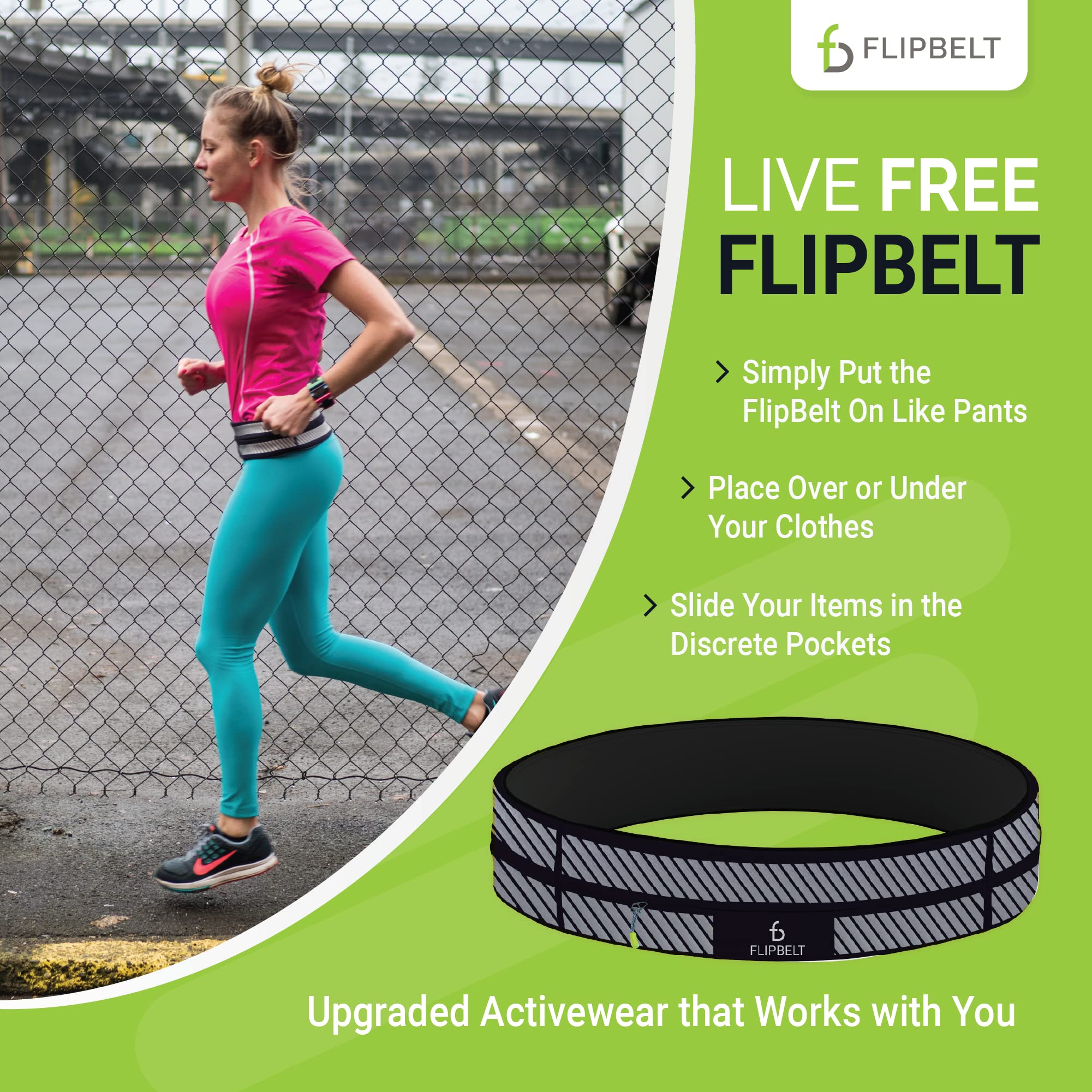 FlipBelt Zipper Running Belt for Phone and Small Accessories, Exercise Waist Pouch for Women and Men, S, Reflective Black