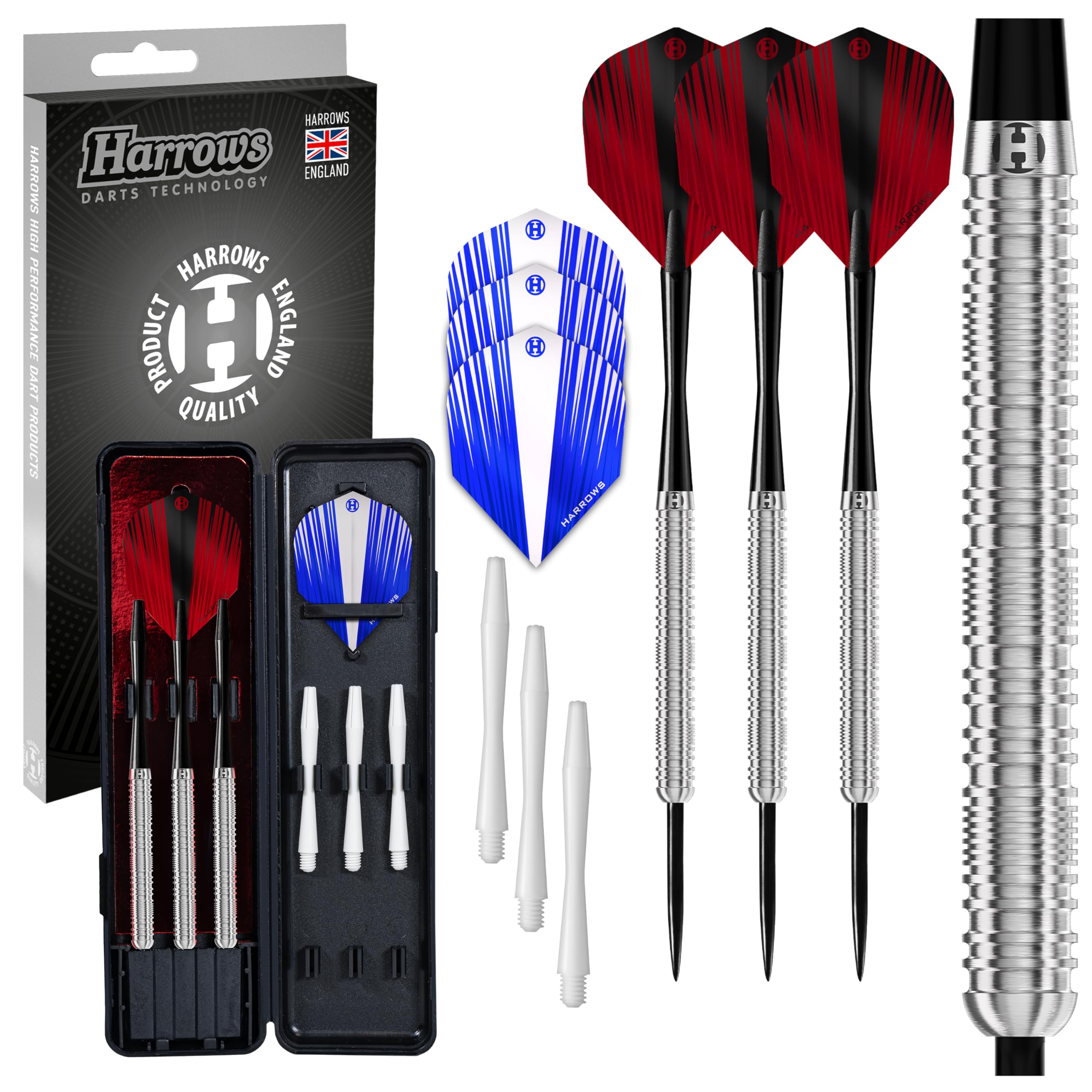 Harrows Caliber 90% Tungsten Steel Tip Darts Set 21G, 23G, & 25G - Includes Spare Shafts, Prime Flights & Travel Case (23, Grams