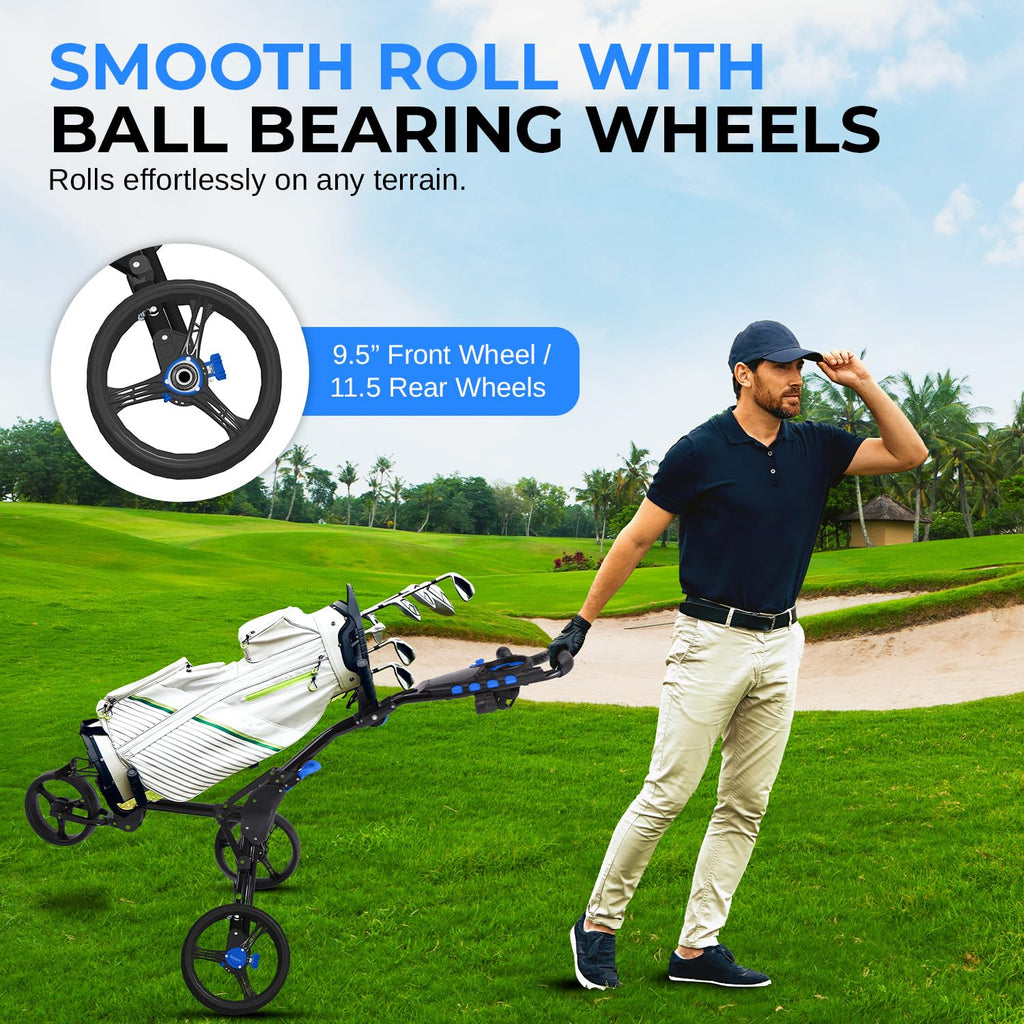 SereneLife Golf Push Cart 3 Wheel, Ultra Lightweight Aluminum Foldable Cart with Adjustable Handle, Quick-Fold, New-Version Scor