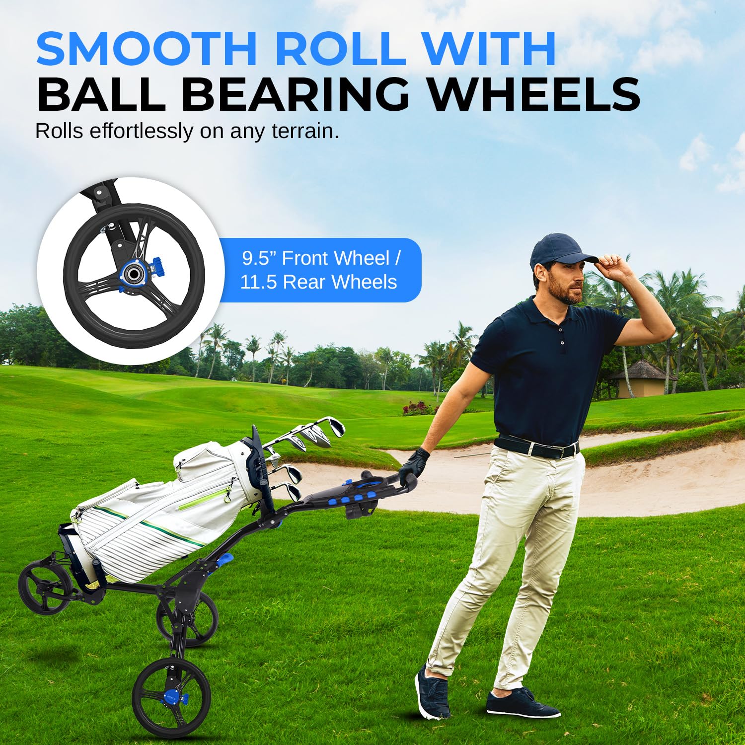 SereneLife Golf Push Cart 3 Wheel, Ultra Lightweight Aluminum Foldable Cart with Adjustable Handle, Quick-Fold, New-Version Scor