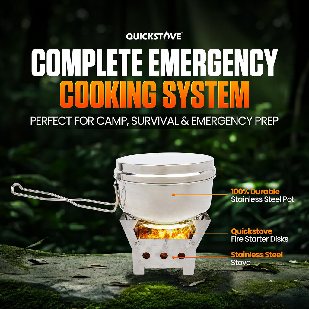 Quickstove Portable Stove Kit With Camping Pot & 2 Fire Starters, Lightweight Stainless Steel Wood Burning Stove For Emergency P
