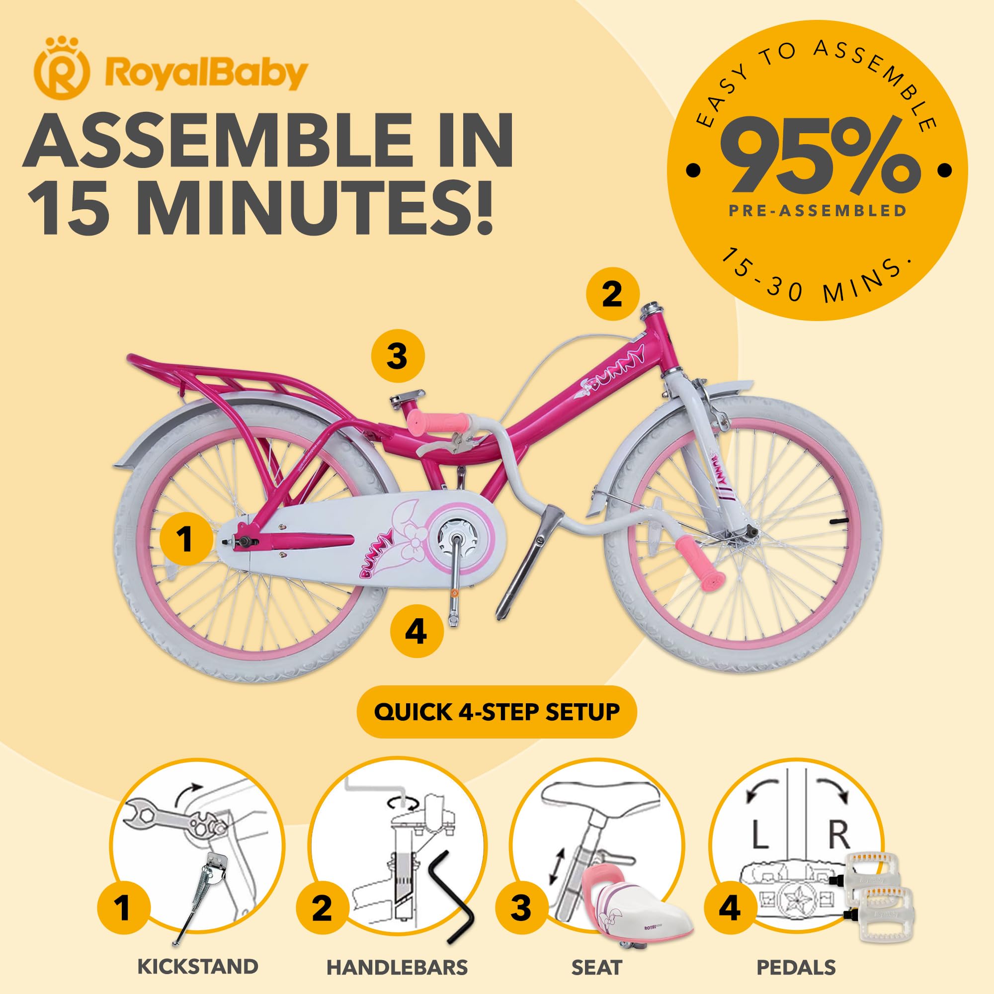 Royalbaby Princess Girl Children'S Bicycle Outdoor Ride-On Bike With Kickstand, Adjustable Seat, And Basket, 20 Inch, Bunny/Fuch