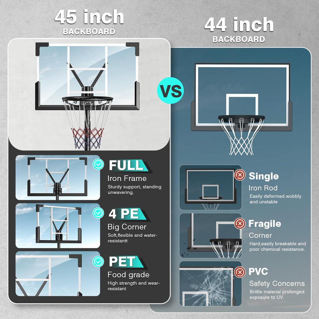 aaeaa Basketball Hoop Outdoor, 5.7-10ft Adjustable Height, Portable Basketball Hoops Goal Court System w/ 45in Shatterproof Back