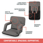 Oniva - A Picnic Time Brand Ventura Reclining Stadium Seat With Back Support - Bleacher Seat - Beach Floor Chair, (Red)