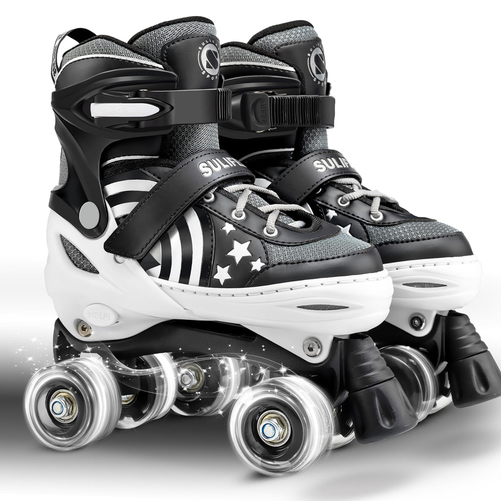 Sulifeel Rainbow Unicorn 4 Size Adjustable Light Up Roller Skates For Girls Boys For Kids (E Black, Small - Little Kid)