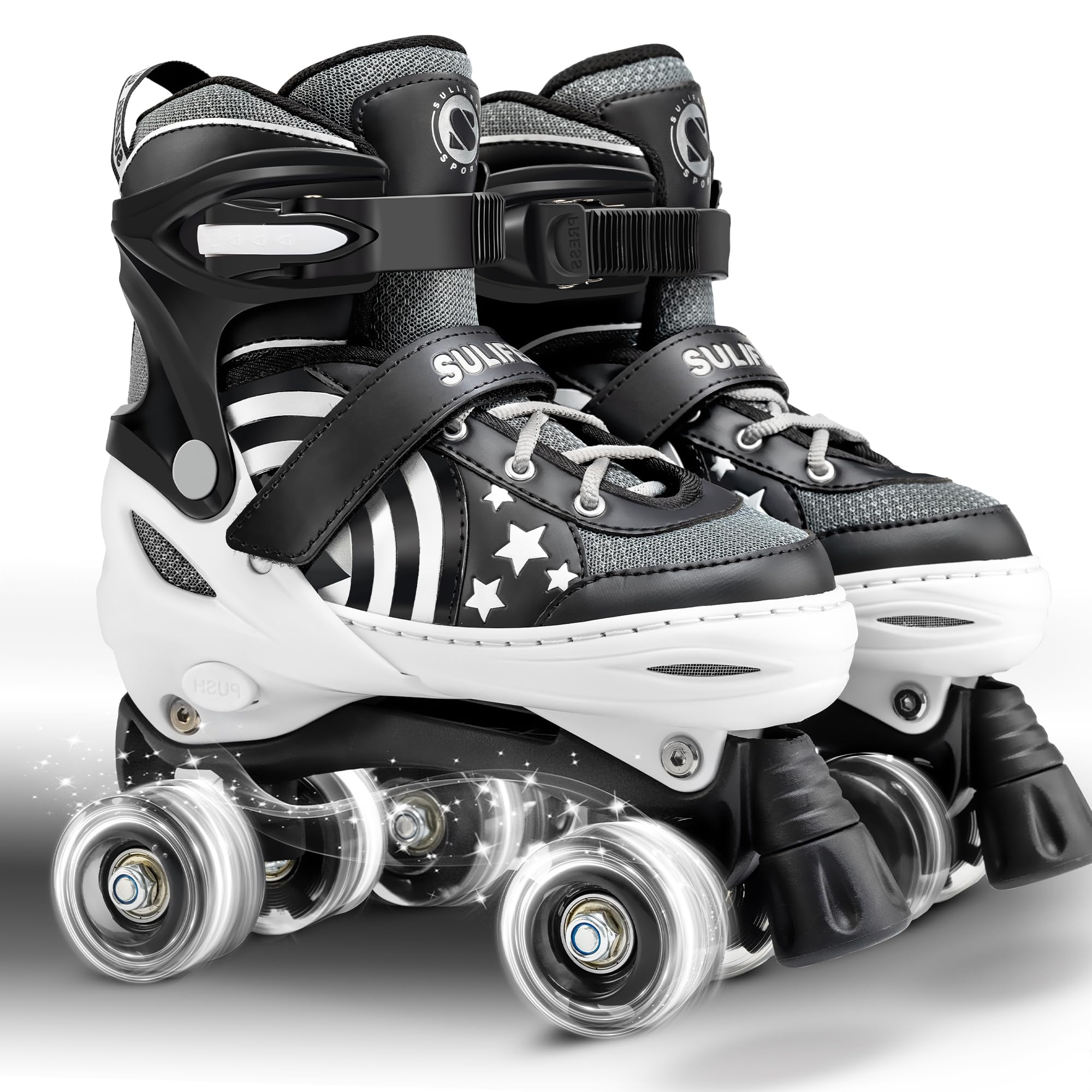 Sulifeel Rainbow Unicorn 4 Size Adjustable Light Up Roller Skates For Girls Boys For Kids (E Black, Large - Youth)