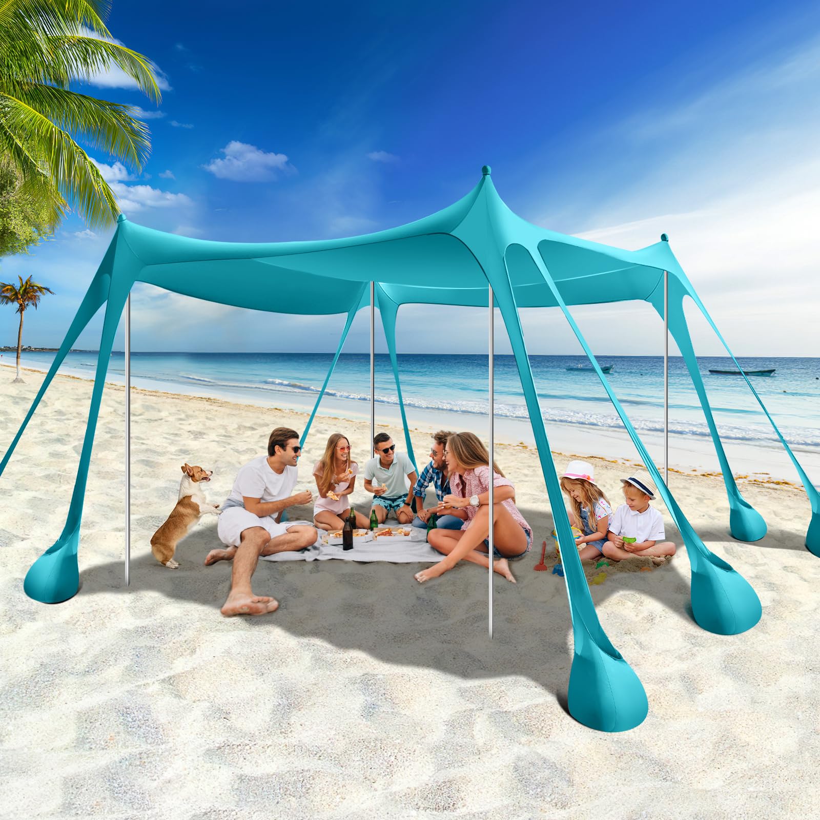 Rhino Valley Beach Tent, 10 x 10 FT Beach Shade UPF50+ Protection, Beach Canopy with 8 Sandbags 4 Stability Poles,Outdoor Beach 