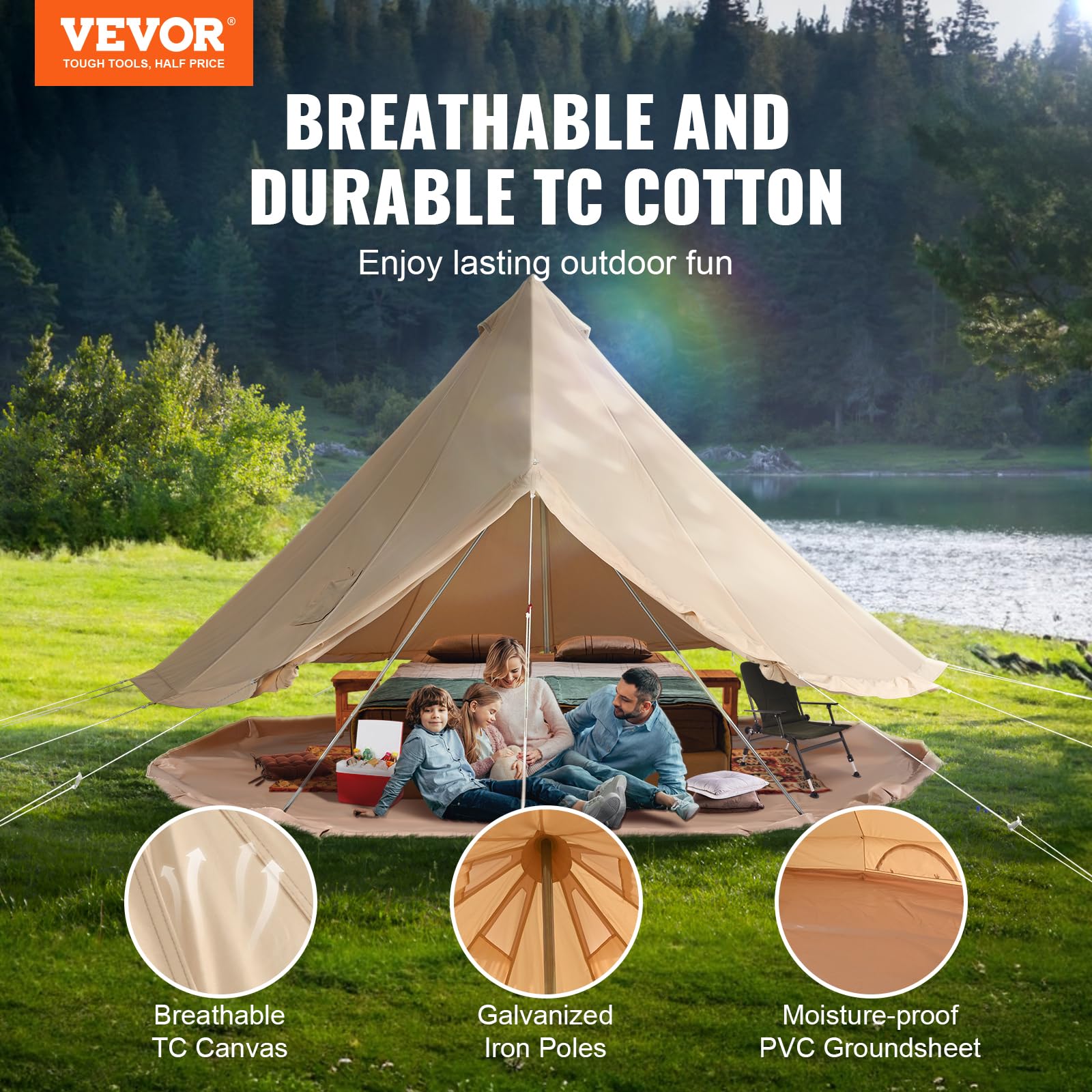 Vevor Canvas Bell Tent, Yurt Tents 4 Seasons 7 M/22.97 Ft, Canvas Tents For Camping With Stove Jack Holds Up To 12 People, Famil