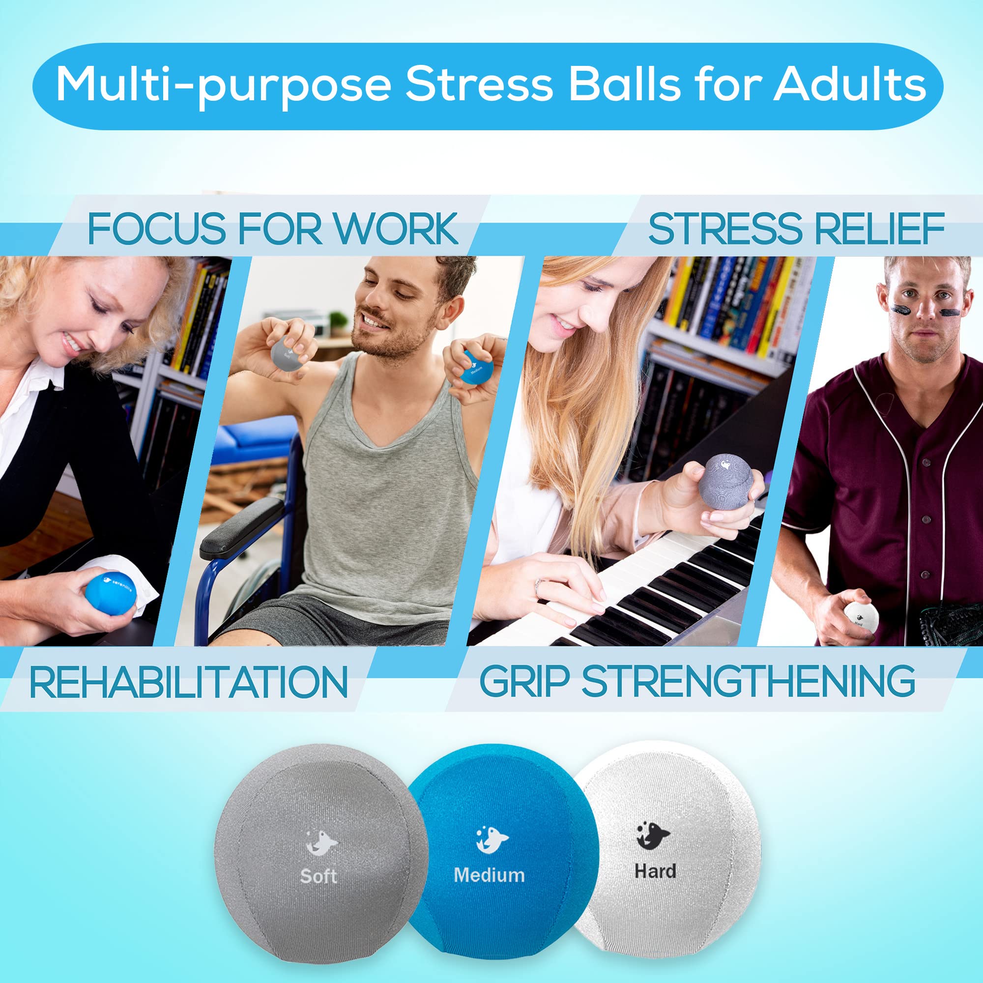 Serenilite 3X Hand Therapy Exercise Stress Ball Bundle For Adults, Grip Strengthening, Tri-Density Squeeze Balls, Hand Grip Stre